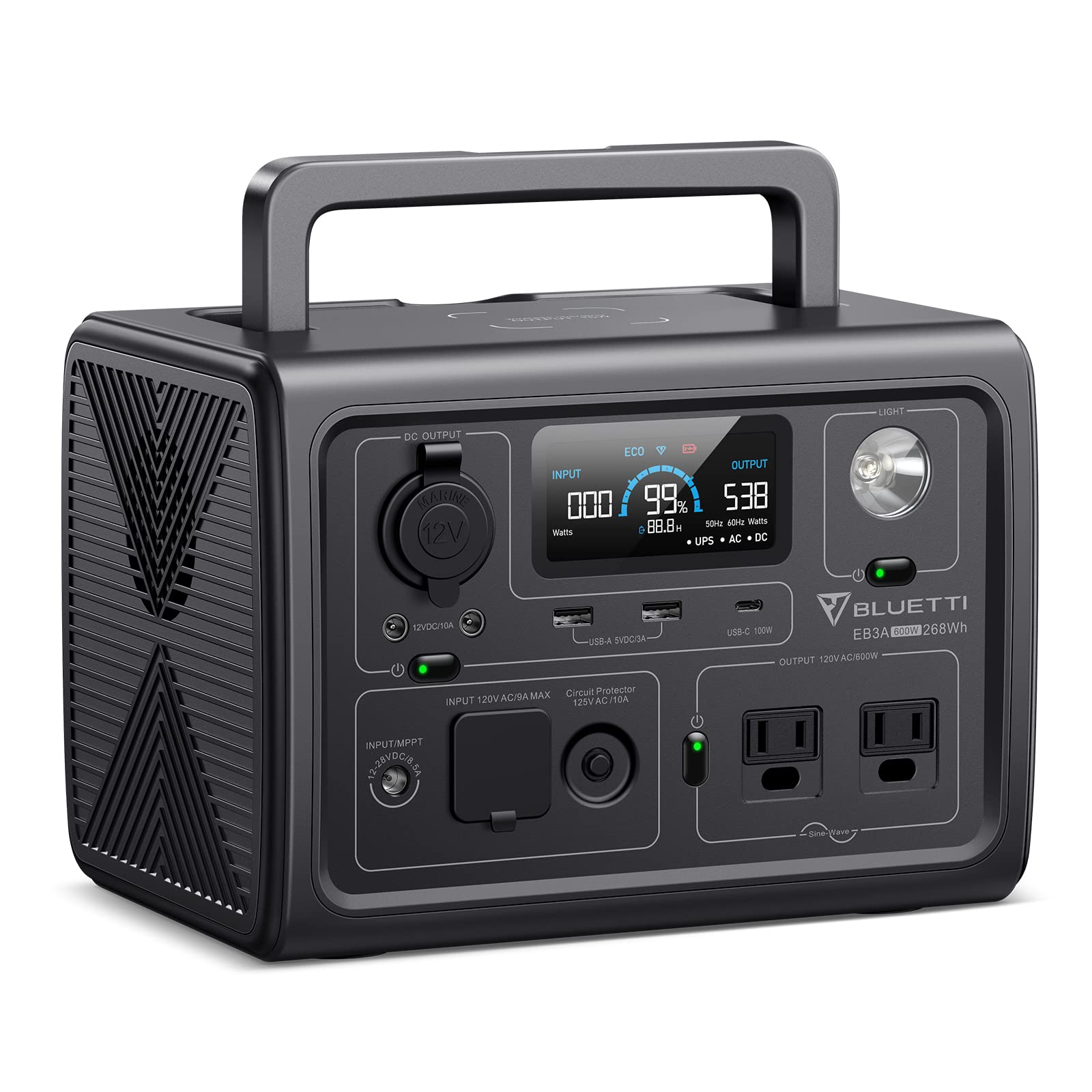 BLUETTI EB3A Portable Power Station, 268Wh LiFePO4 Battery Backup w/ 2 600W (1200W Surge) AC Outlets, Recharge from 0-80% in 30 Min., Solar Generator