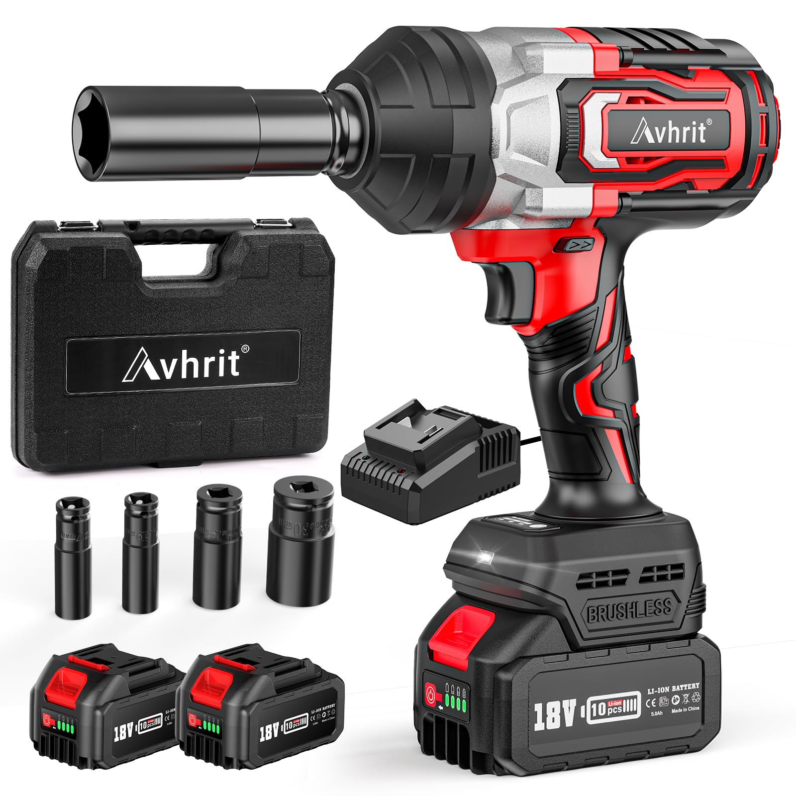 Avhrit 1300NM(960Ft-lbs) Cordless Impact Wrench 1/2 inch w/ 2x 5000mAh Battery, 1/2 Electric Impact Gun, Fast Charger, 4 Sockets, High Torque Impact Wrench for Car Truck, Heavy-duty Project