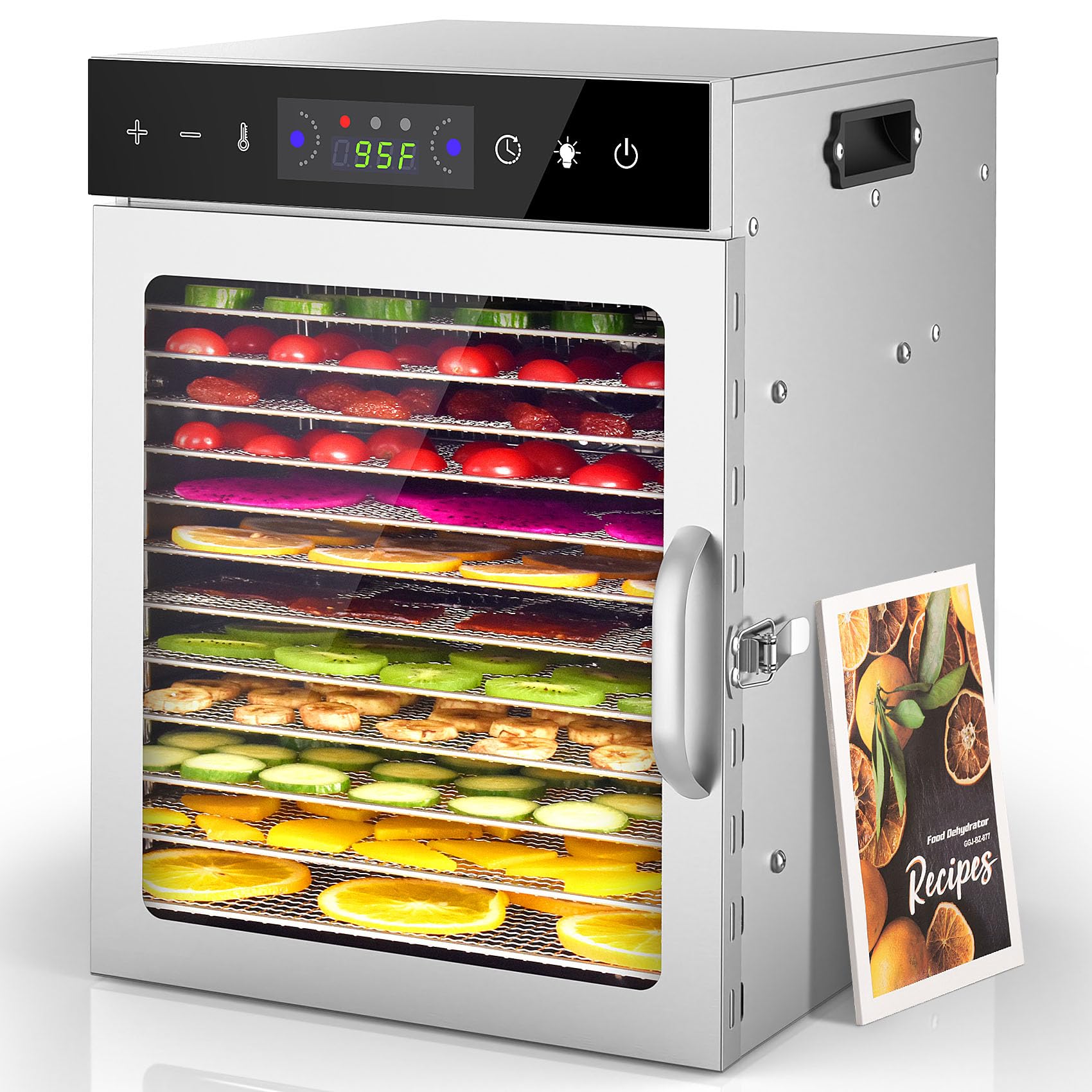 HOPERAN Food Dehydrator, 12 Stainless Steel Trays Dehydrators for Food and Jerky, Herbs, Fruit, Dehydrator Machine with Digital Timer and Temperature Control, Overheat Protection, Recipe Book Included