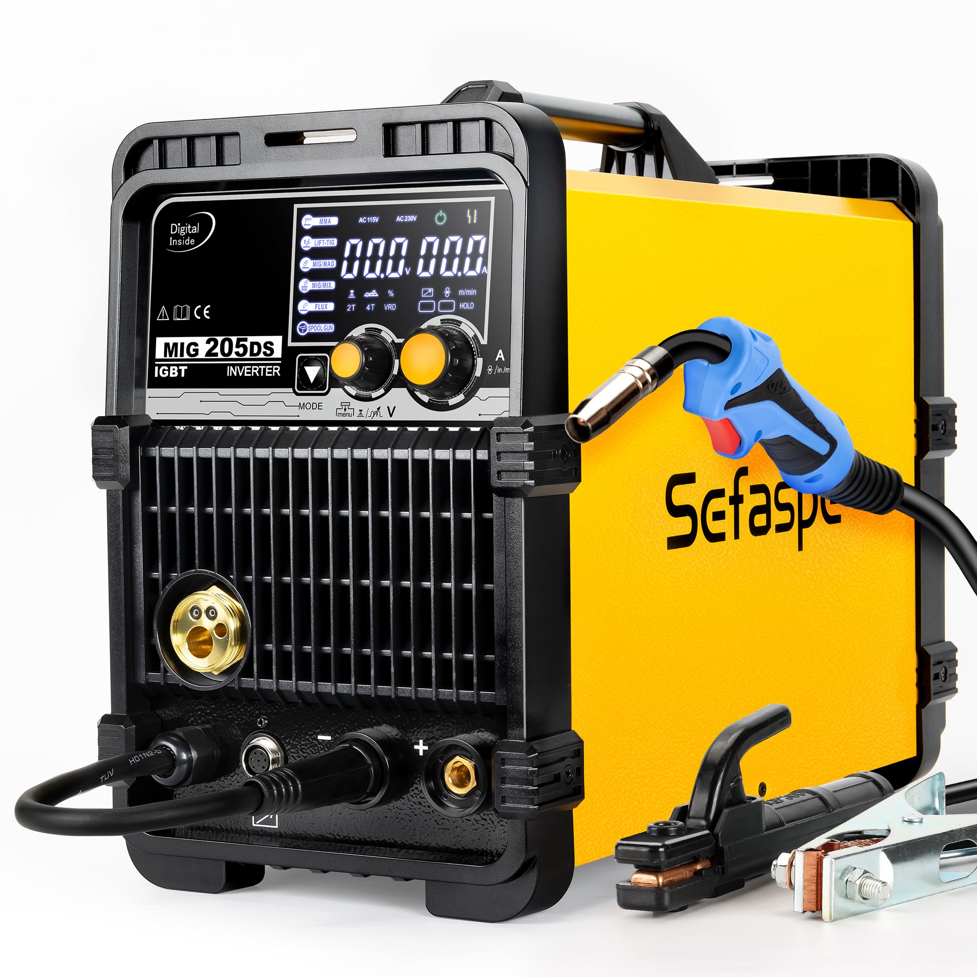 Sefaspe 205A MIG Welder, 110/220V Dual Voltage Aluminum Welding Machine, 6 in 1 Gas MIG/Gasless Flux Core/Stick/Lift TIG/Spool Gun/MIG MIX. Multiprocess Welders