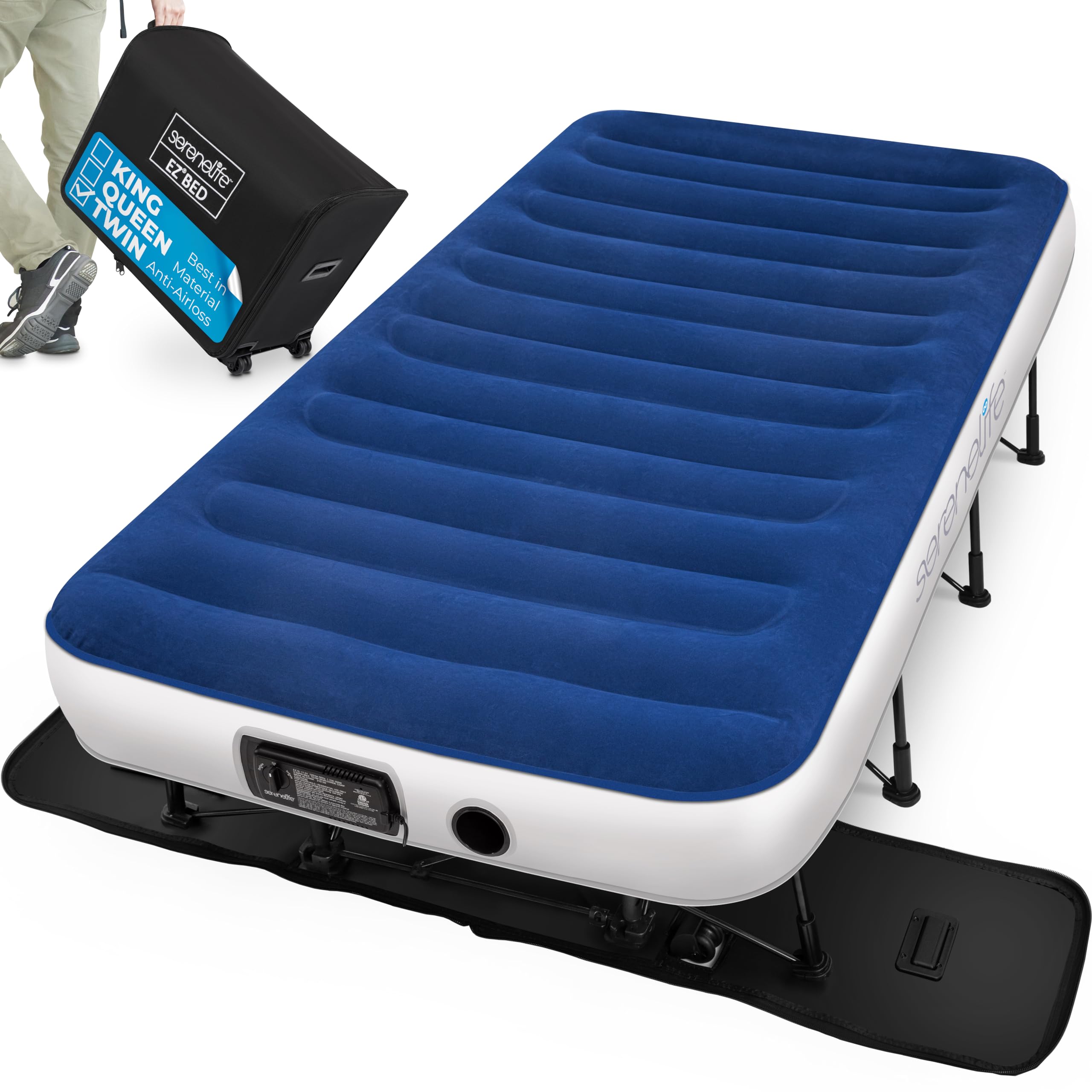 SereneLife EZ Bed Air Mattress with Frame and Rolling Case, Self-Inflating Airbed with Built in Pump for Travel and Hosting, Twin