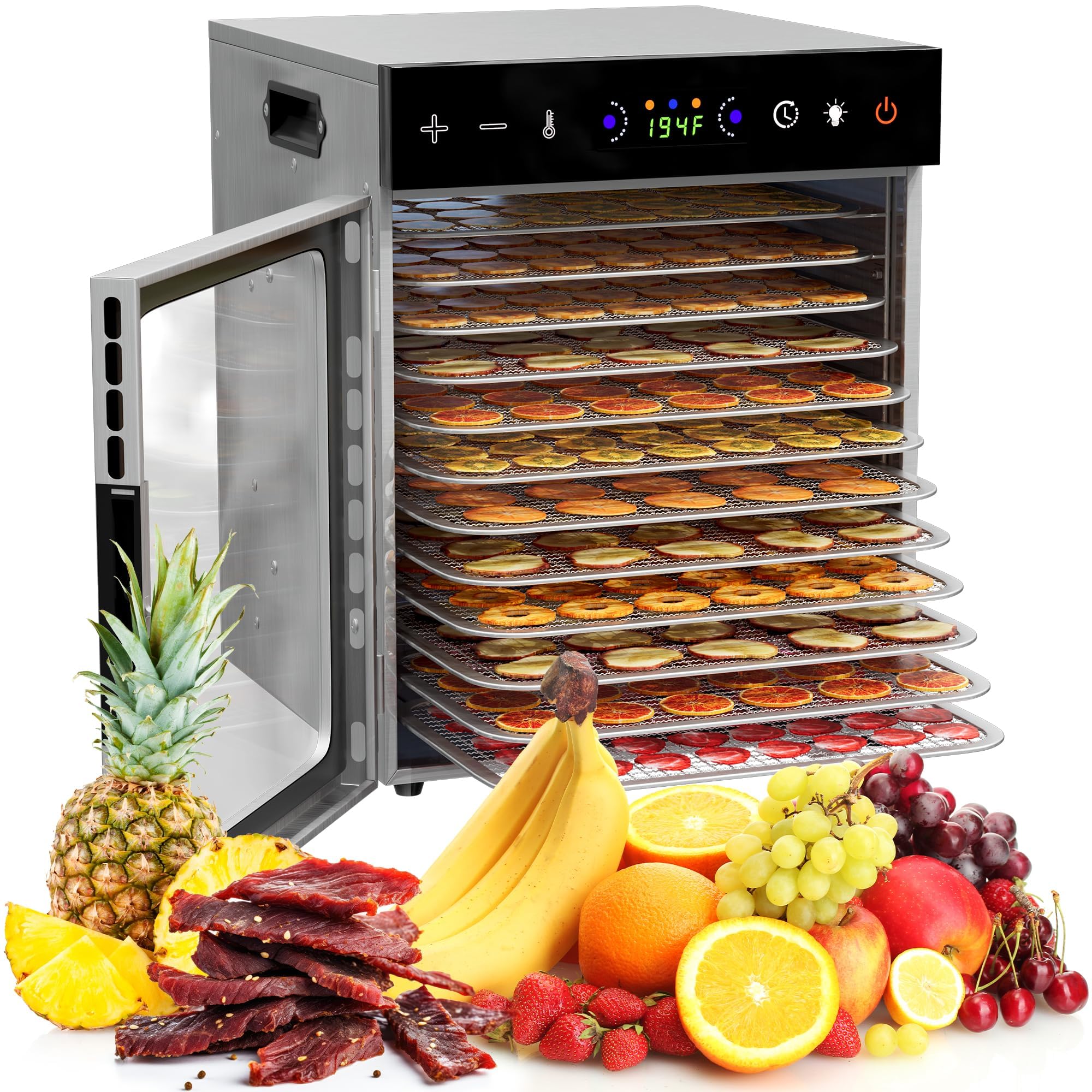 VALONDINO 12-Tray Food Dehydrator – 600W Adjustable Temperature (86℉-194℉) & Digital Timer, Quiet Operation, Ideal for Jerky, Fruits, Vegetables, Dog Treats, and Healthy Snacks – Includes Recipe Guide
