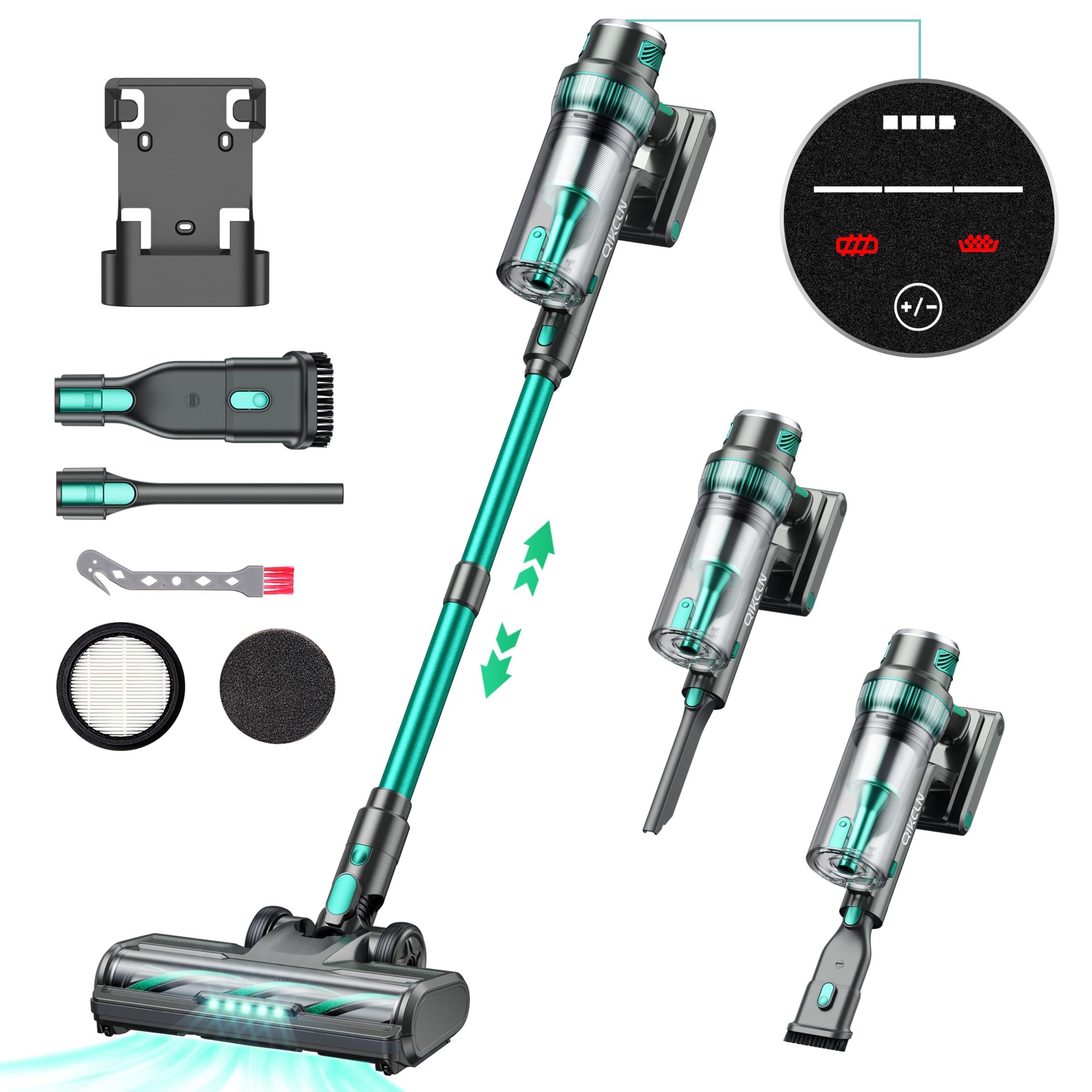 QikCln Cordless Vacuum Cleaner - 250W 30Kpa Powerful Stick Vacuum, 90000 RMP Motor, LED Display, Three Modes, 40 Mins Runtime Rechargeable Handheld Vacuum for Pet Hair Hardwood Carpet - Green