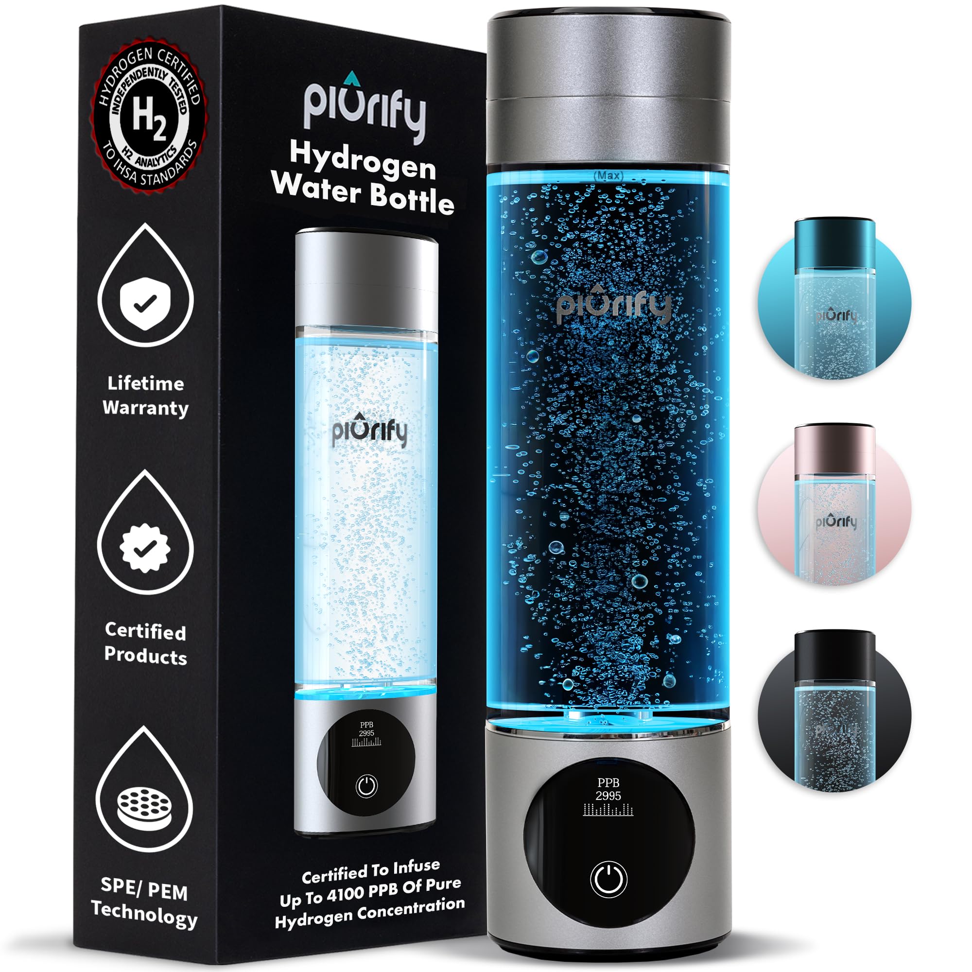 Hydrogen Water Bottle Generator - Up to 4100+ PPB Concentration - SPE/PEM Technology - Certified H2 Generator - Portable Athletic Performance & Hydration System - 6-Hour Hydrogen Retention (Silver)