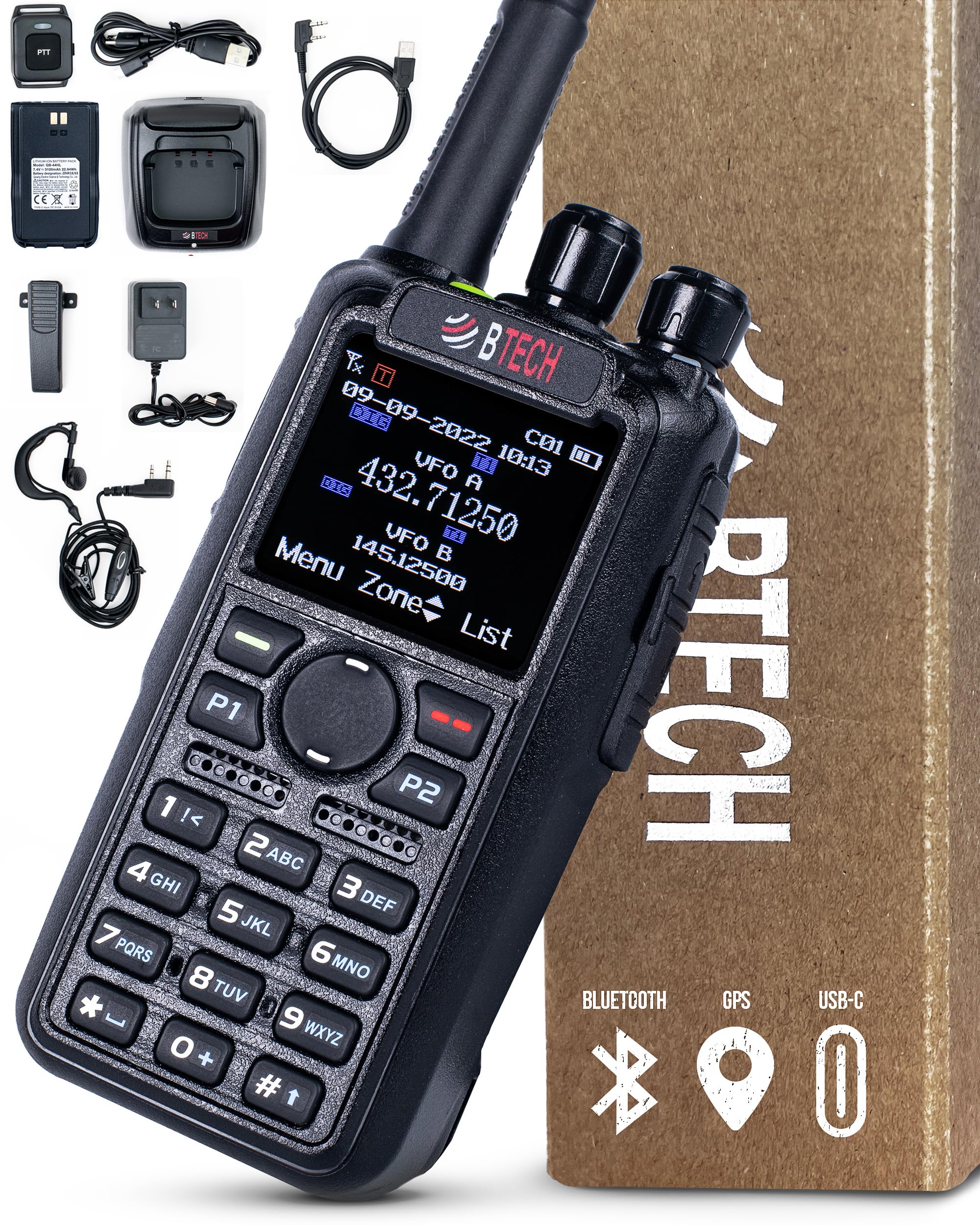 BTECH DMR-6X2 PRO DMR & Analog Two-Way Radio (Bluetooth + GPS) USB-C Battery – 7W VHF/UHF (136-174MHz & 400-480MHz), Encryption, Talker Alias, APRS, Roaming, Voice Recording, with Accessory Kit