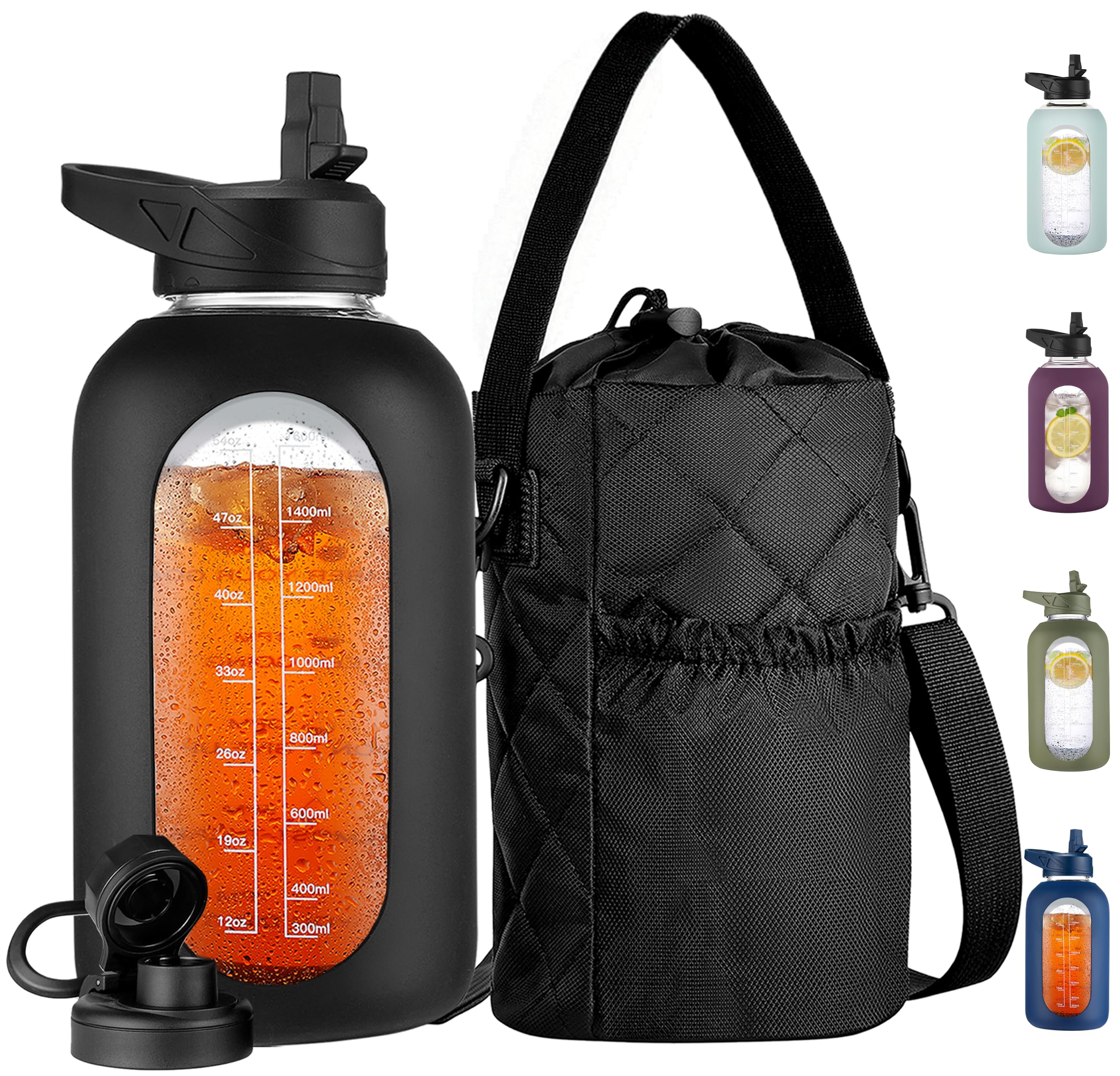 CIVAGO Half Gallon Glass Water Bottle with Straw and Insulated Bottle Holder Sling, 64 oz Motivational Water jug with Time Marker and Silicone Sleeve, Water Flask with 2 Lids, Black