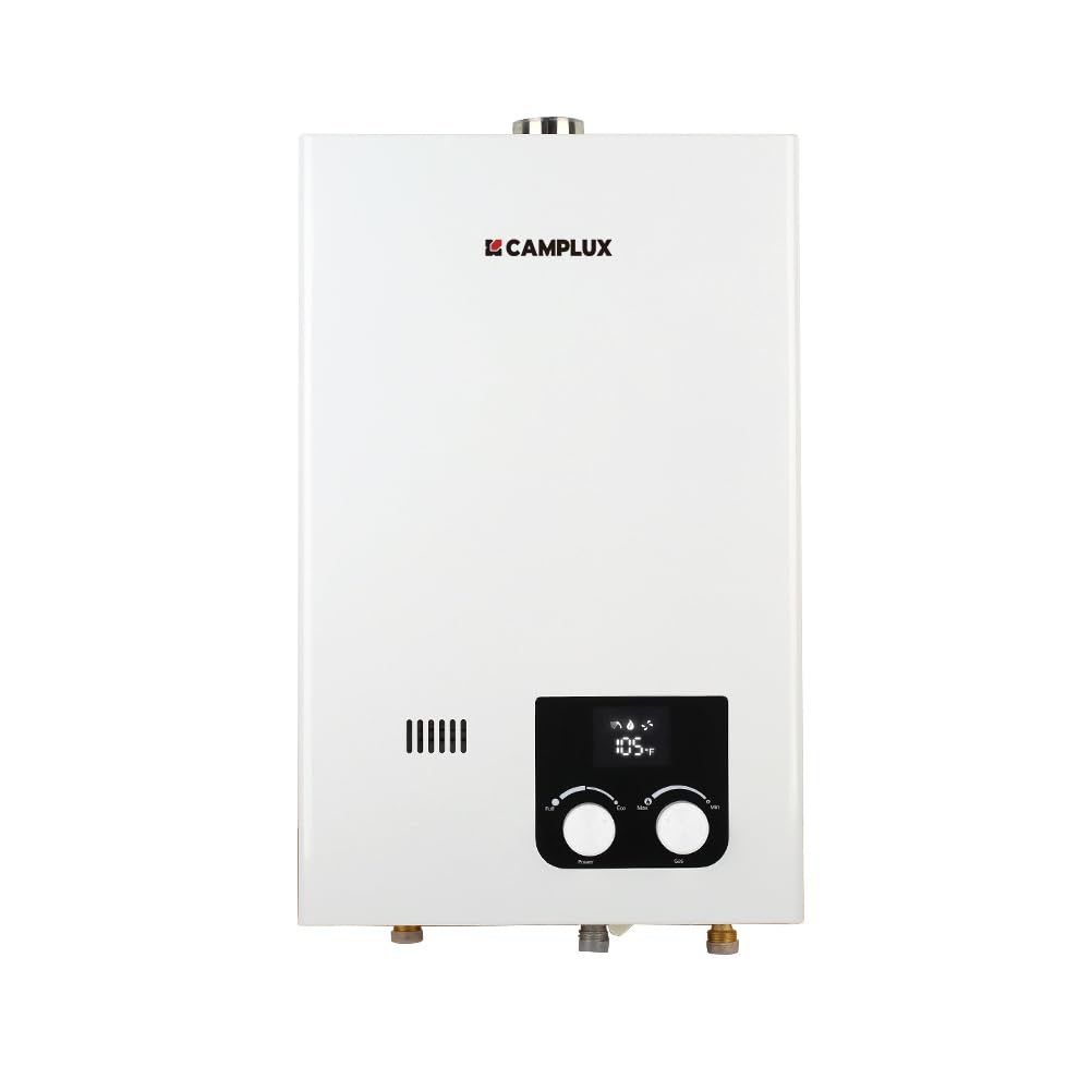 CAMPLUX Natural Gas Water Heater Indoor, Tankless Water Heater, 2.64 GPM On Deamnd Hot Water, Whole House, White