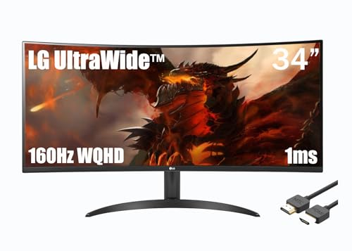 LG 34” monitor, 21:9 Curved UltraWide WQHD (3440x1440) ISP Display, sRGB 99% Color Gamut and HDR 10, 160Hz, 1ms, AMD FreeSync Premium and 3-Side Virtually Borderless Screen, Black, with MTC HDMI Cable