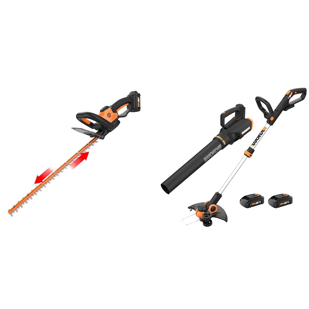 Worx 20V 22" Hedge Trimmer, String Trimmer & Edger, Leaf Blower Bundle with 2 Batteries & Charger