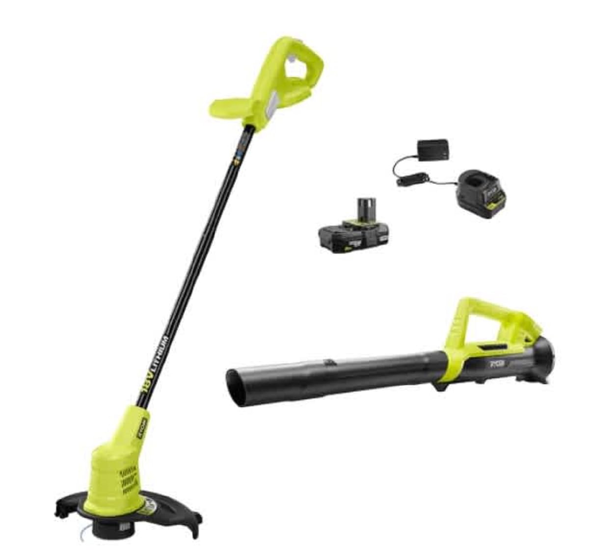 RYOBI 18V ONE+ 10-inch Cordless Battery String Trimmer and Blower with 2.0 Ah Battery and Charger