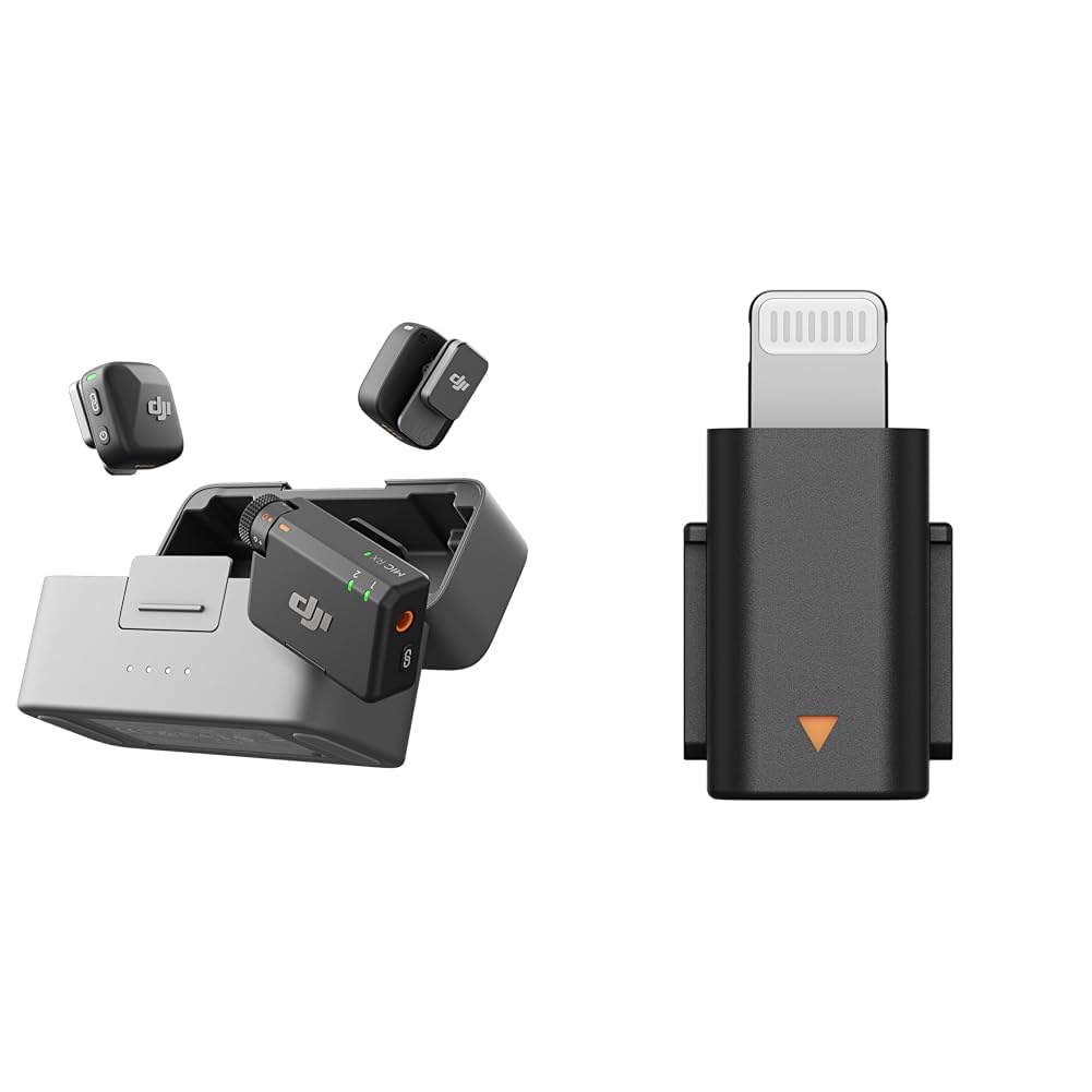 DJI Mic Mini (2 TX + 1 RX + Charging Case) with Mic Mini Mobile Phone Adapter (Lightning), Ultralight, Detail-Rich Audio, 48h Use, Noise Cancelling, Wireless Microphone, Vlog, Streaming