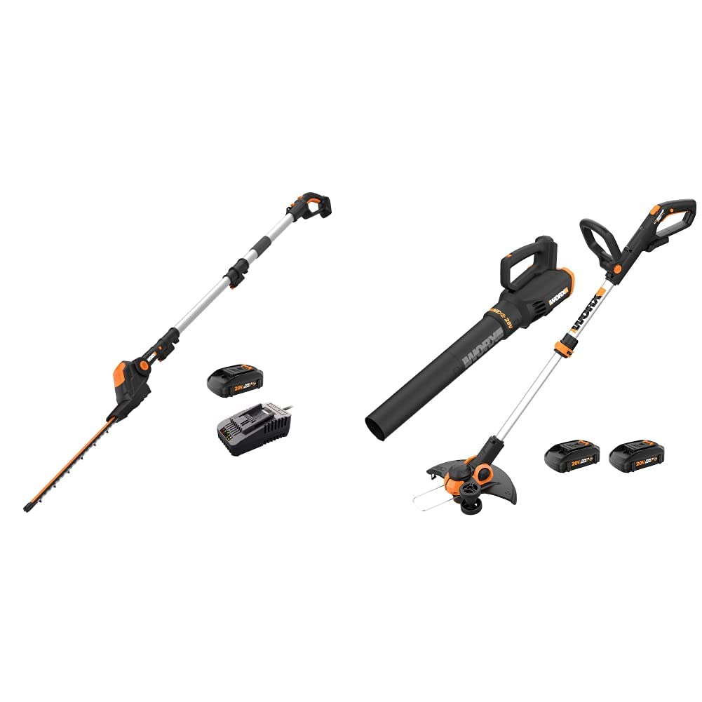 WORX 20V Power Share Cordless Hedge Trimmer & String Trimmer + Leaf Blower Bundle with Battery and Charger