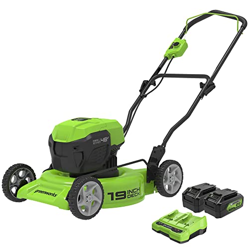 Greenworks 48V (2 x 24V) 19" Brushless Cordless (Push) Lawn Mower (125+ Compatible Tools), (2) 4.0Ah Batteries and Dual Port Rapid Charger Included