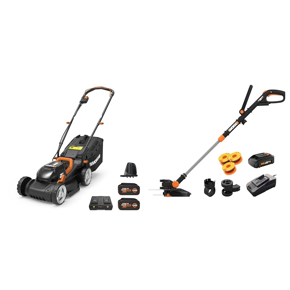 Worx 40V 14" Cordless Lawn Mower, 20V 12" String Trimmer/Edger/Mini-Mower Bundle with Batteries & Chargers