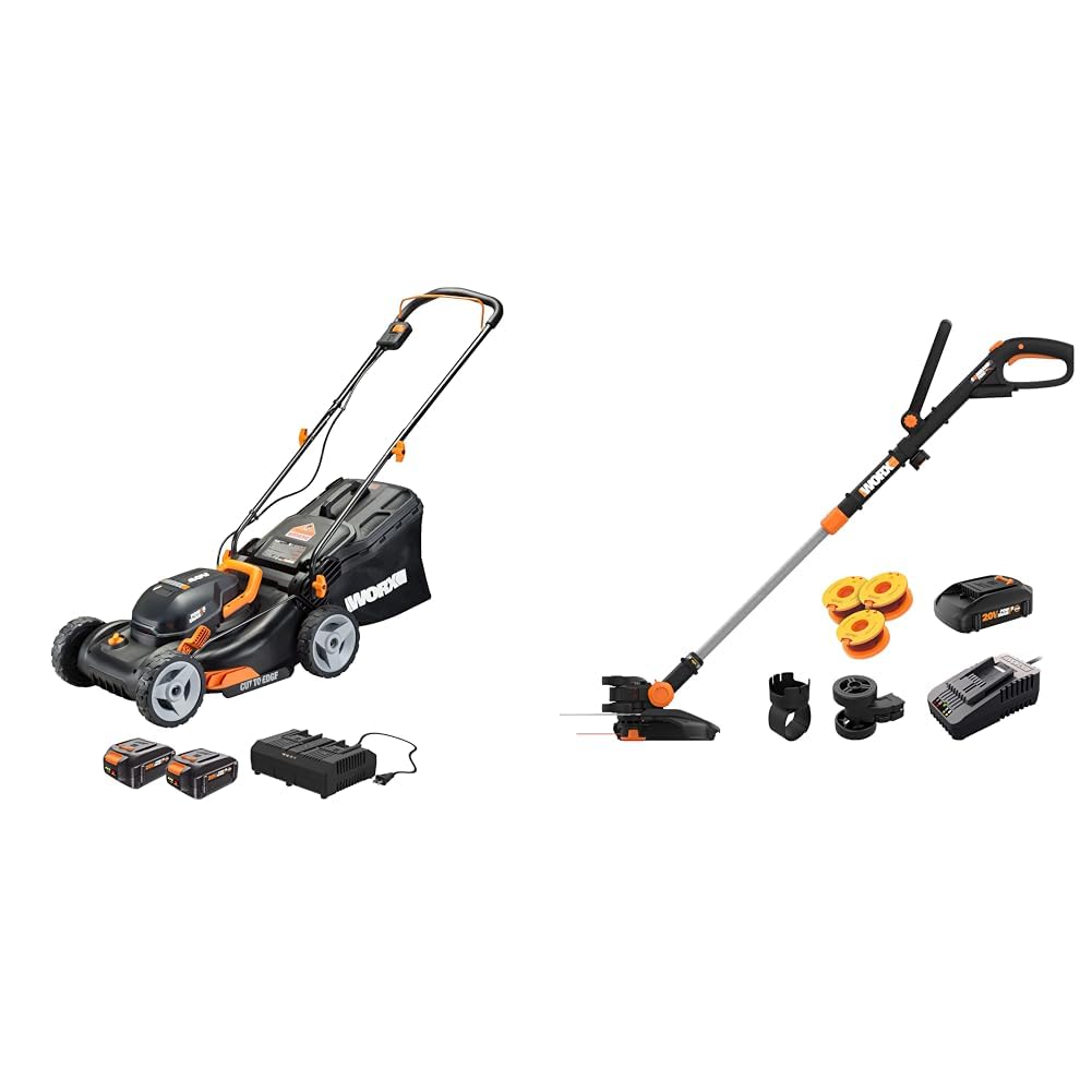 Worx 40V 17" Cordless Lawn Mower & 20V 12" String Trimmer/Edger/Mini-Mower Bundle with Batteries & Chargers