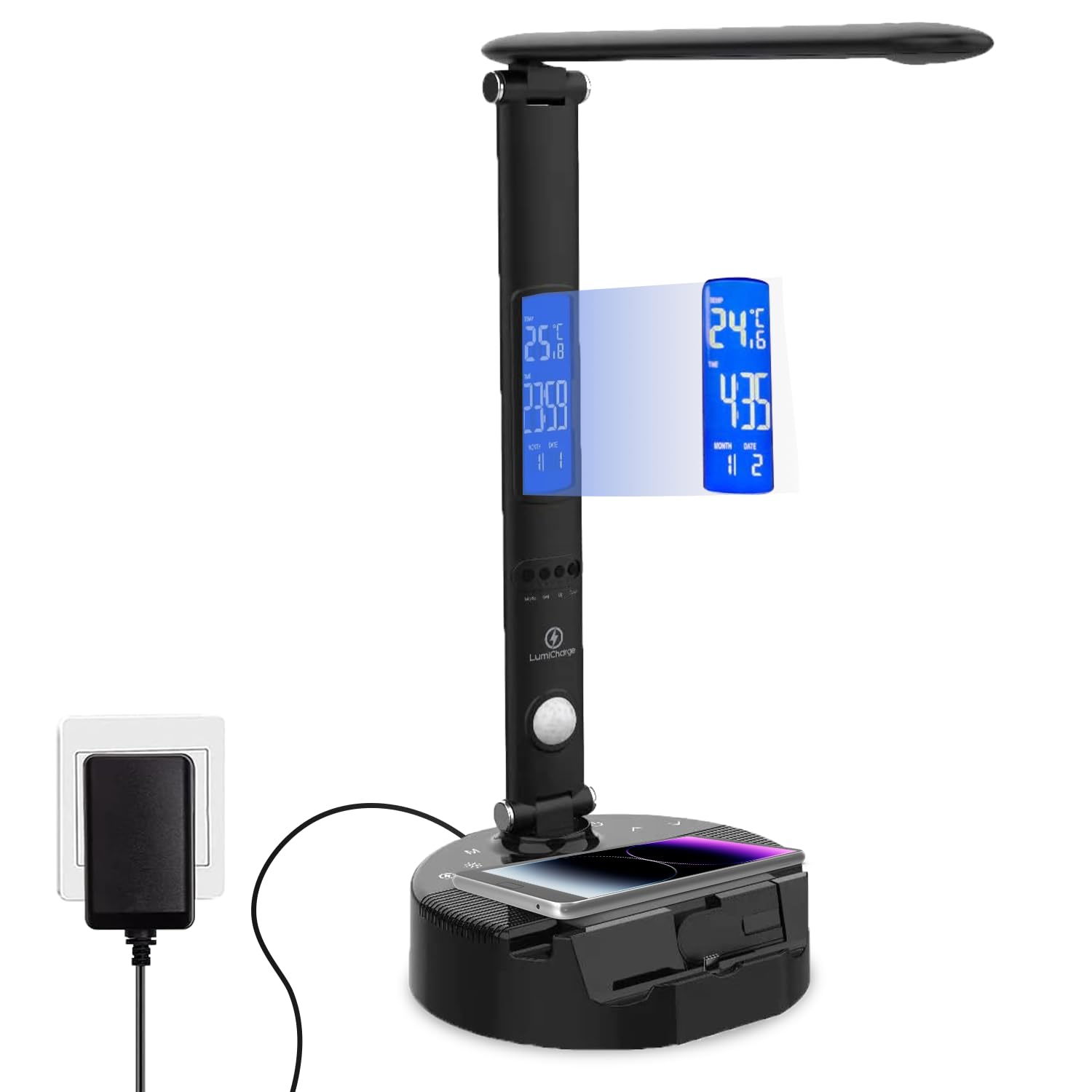 LumiCharge-III Smart LED Desk Lamp - Table Lamp with Wireless Charger, USB Charging Port, Adjustable Arm Brightness, Bluetooth Speaker - Foldable Table Lamp for Home, Remote Office, Study, Bedroom