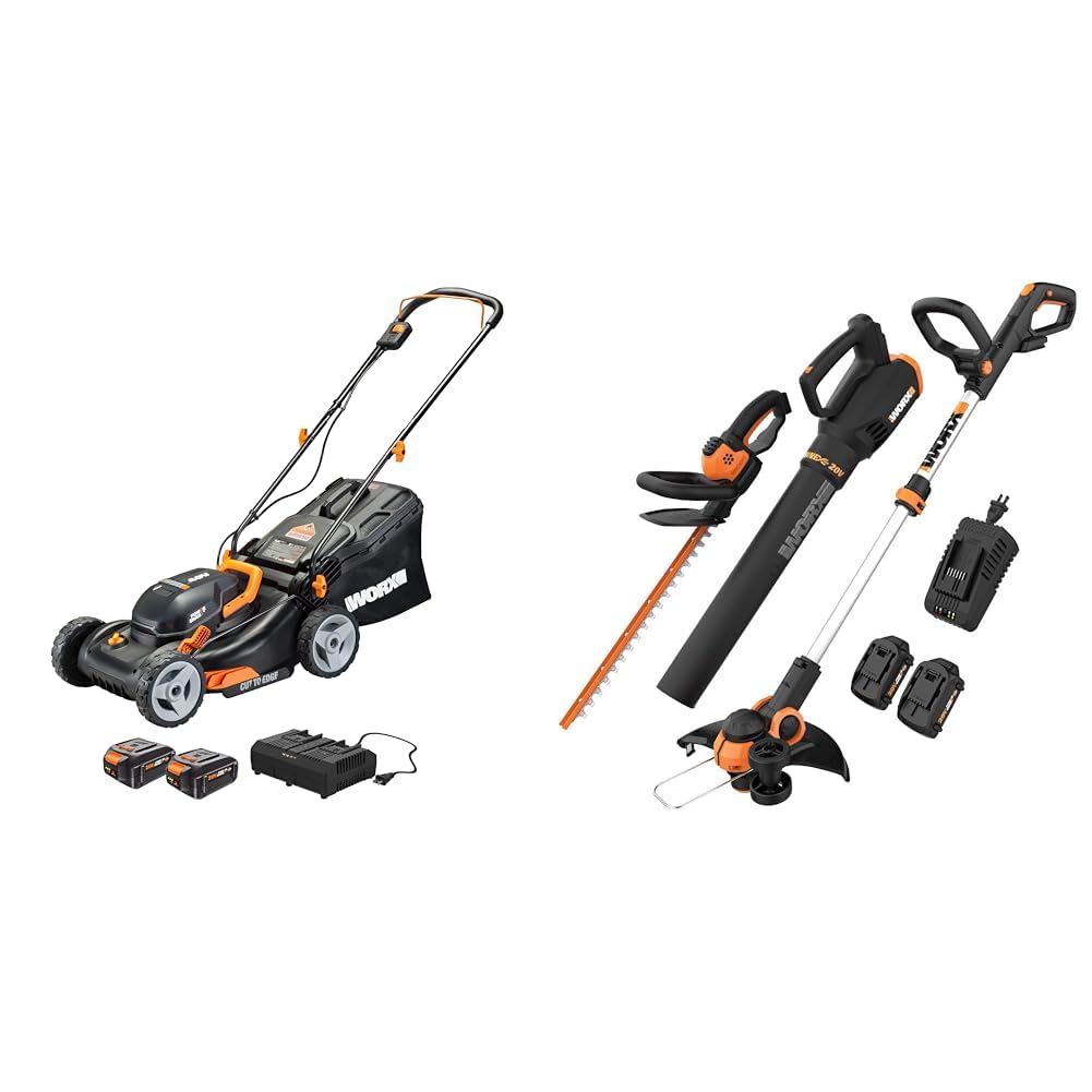 Worx 40V 17" Cordless Lawn Mower, 20V GT 3.0 Trimmer/Edger, Hedge Trimmer & Turbine Blower Bundle with Batteries & Charger