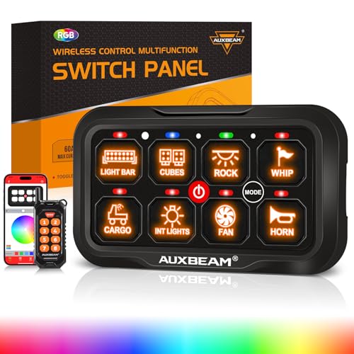 Auxbeam 8 Gang Switch Panel AC-800 Bluetooth RGB Switch Pod with Remote Control Backlit Off Toggle Momentary Pulsed 165FT Wireless Auxiliary Switch Panel for Truck Offroad Waterproof