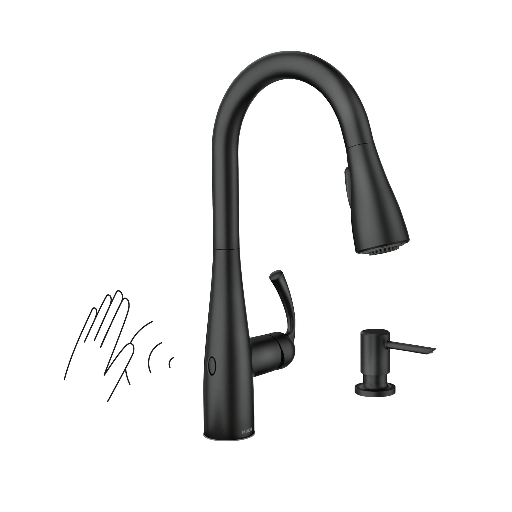 Moen Essie Matte Black MotionSense Wave One-Handle Touchless Kitchen Faucet with Pulldown Sprayer and Soap Dispenser, 87014EWBL