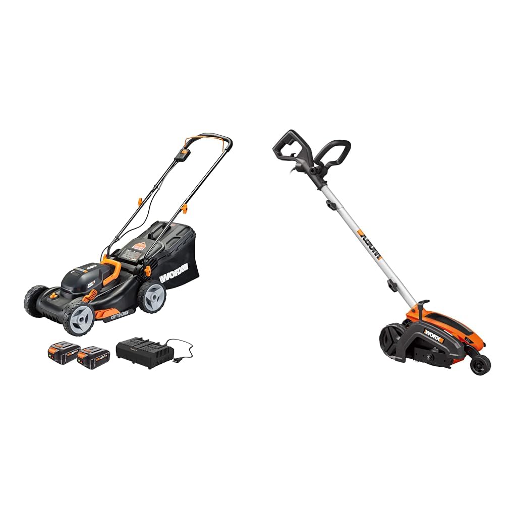 Worx 40V 17" Cordless Lawn Mower for Small Yards Bundle with 12 Amp 7.5" Electric Lawn Edger and Trencher