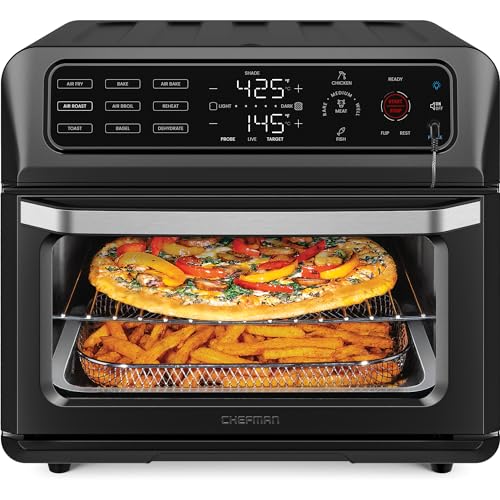 Chefman Air Fryer Toaster Oven Combo with Probe Thermometer, 12-In-1 Stainless Black Convection Oven Countertop, 10 Inch Pizza, 4 Slices of Toast, Cooking, Baking, Toasting, Roaster Oven Airfryer 20QT