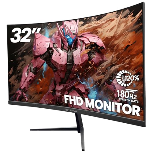 CRUA 32Inch Gaming Monitor, FHD(1920 * 1080P) VA Screen 144Hz/180Hz Curved Monitor, 1800R, 120% sRGB, Computer Monitor That Support AMD Freesync, HDMI, DP, Wall Mountable Installs-Black