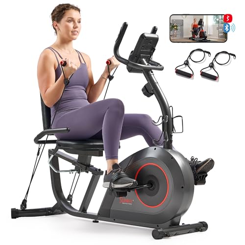 Sunny Health & Fitness Smart Recumbent Bike w/Workout Bands, 300LB Capacity Compact Equipment for Indoor Full-Body Exercise, Adjustable Cushion Seat for Seniors Home Cardio Training, Free SunnyFit App