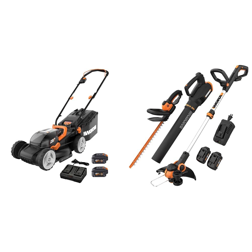 Worx WG779 40V 14" Cordless Lawn Mower + 20V GT 3.0 Grass Trimmer/Edger, Hedge Trimmer & Turbine Blower | Battery & Charger Included