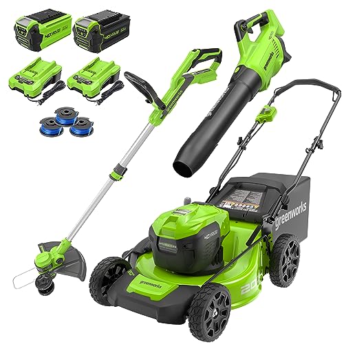Greenworks 40V 20" Cordless Lawn Mower (Push), Axial Leaf Blower (500 CFM / 120 MPH),12" String Trimmer with 2 Batteries(5Ah+2Ah) and Chargers