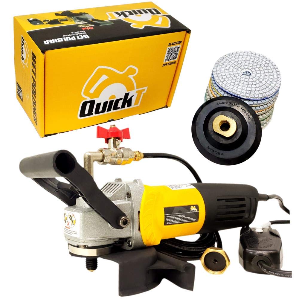 QuickT SPW702A Concrete Countertop Wet Polisher Variable Speed Grinder Sander Granite Stone Polisher Polishing Fabrication Tools Kit - 4" Diamond Polishing Pads for Concrete Granite Marble Tile Polish