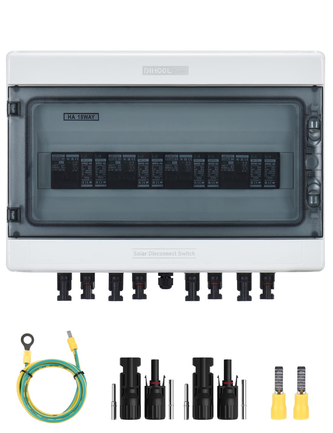 DIHOOL Solar Disconnect Switch 40Amp DC Circuit Breaker with Surge Protector PV Combiner Box for Solar Panel 4 in 4 Out 1000V
