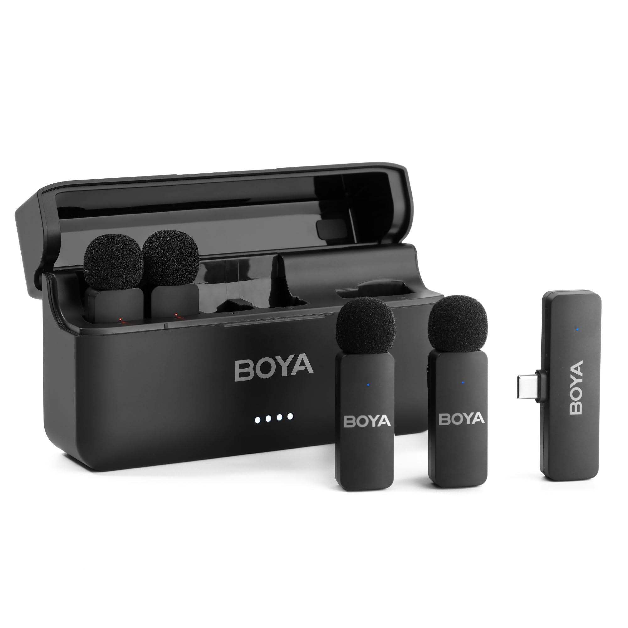 BOYA BY-V4U Wireless Lavalier Microphone for iPhone 15/16 Series Type C Smartphone with Charging Case, 4-Channel Mono Output, Omnidirectional Noise Cancelling Lapel Mic for Video Recording Interview