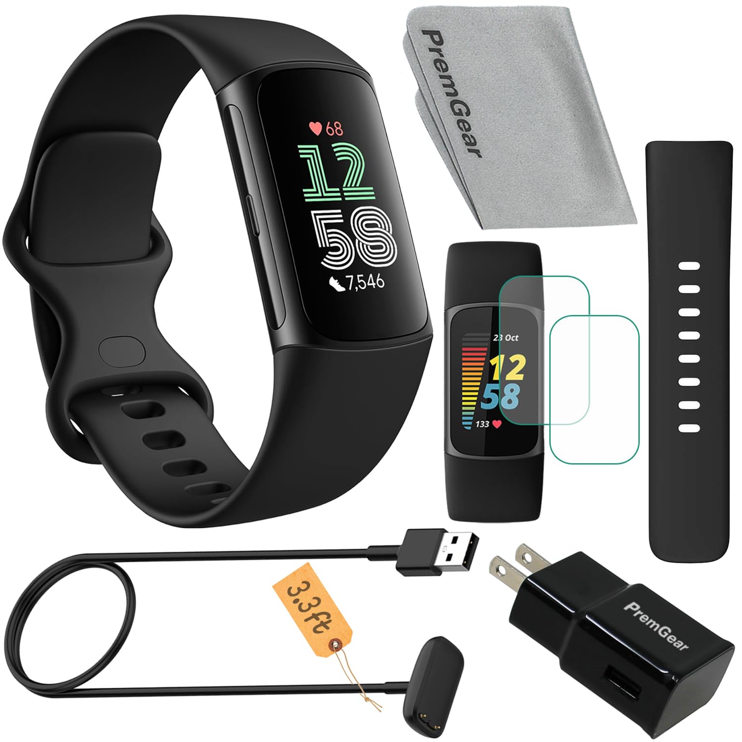 Fitbit Charge 6 Fitness Tracker Watch (Black) Bundle with 2 Watch Bands, 3.3foot Charge Cable, Wall Adapter, Screen Shields & Cloth Compatible with Fitbit