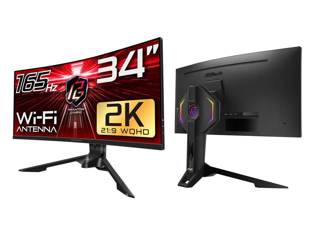 ASRock Curved Phantom Gaming Monitor 34" WQHD 3440 x 1440 (2K) 165 Hz (144Hz and Higher) Wi-Fi Antenna FreeSync Premium (AMD Adaptive Sync) Built-in Speakers HDMI DisplayPort