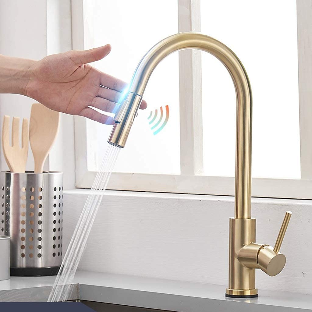 JVOZBZMWZ Sensor Kitchen Faucets, Brushed Gold Smart Touch Inductive Sensitive Faucetxer Tap Single Handle Dual Outlet Water Modes Sink Tap(Brushed Gold)