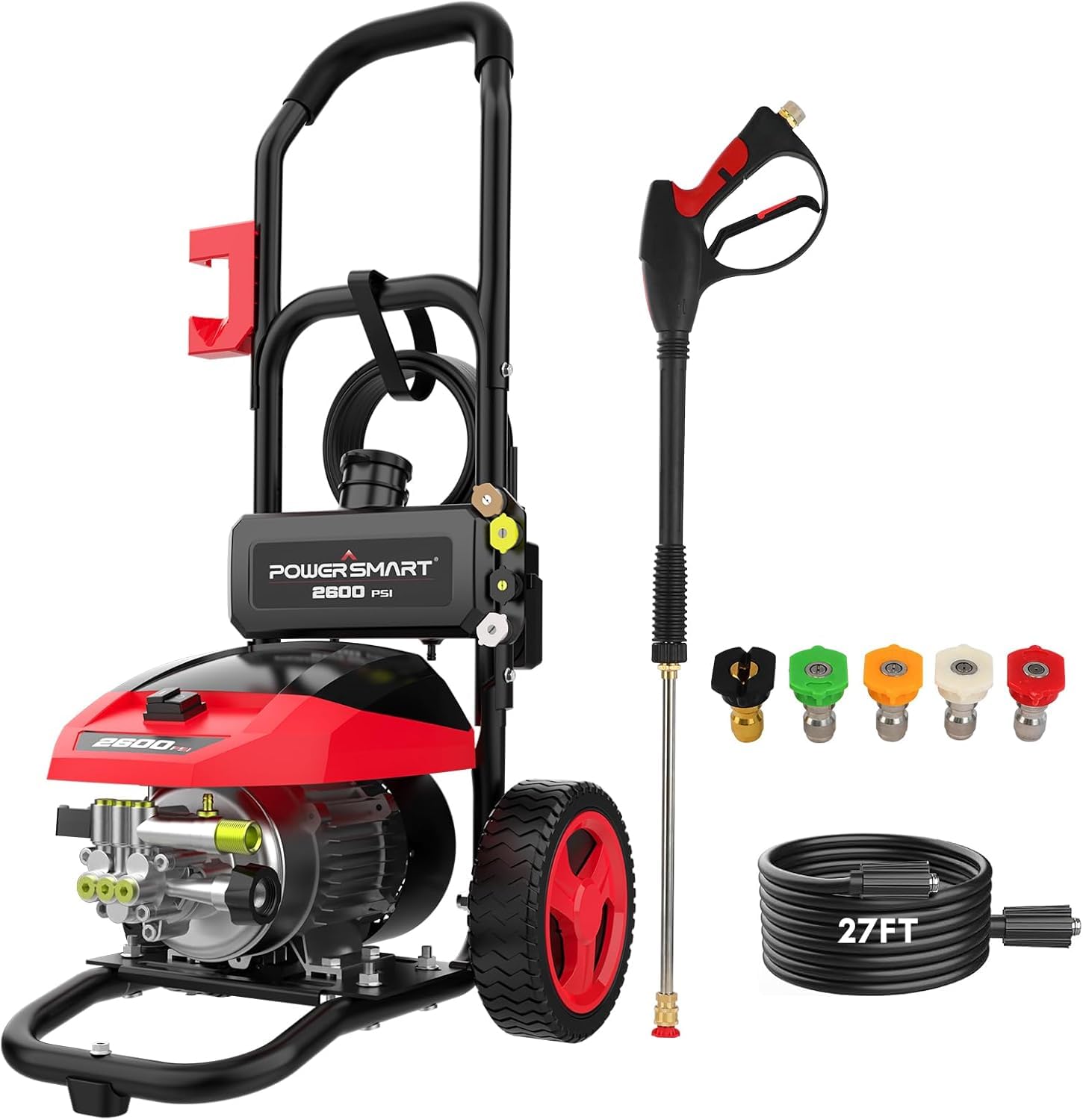 PowerSmart Electric Pressure Washer 2600 MAX PSI, 1.2 GPM, 1.5L Soap Tank, Metal Spray Wand, 5 Nozzle Set for Cars, Patio, Decks, and Fences (DB1002)