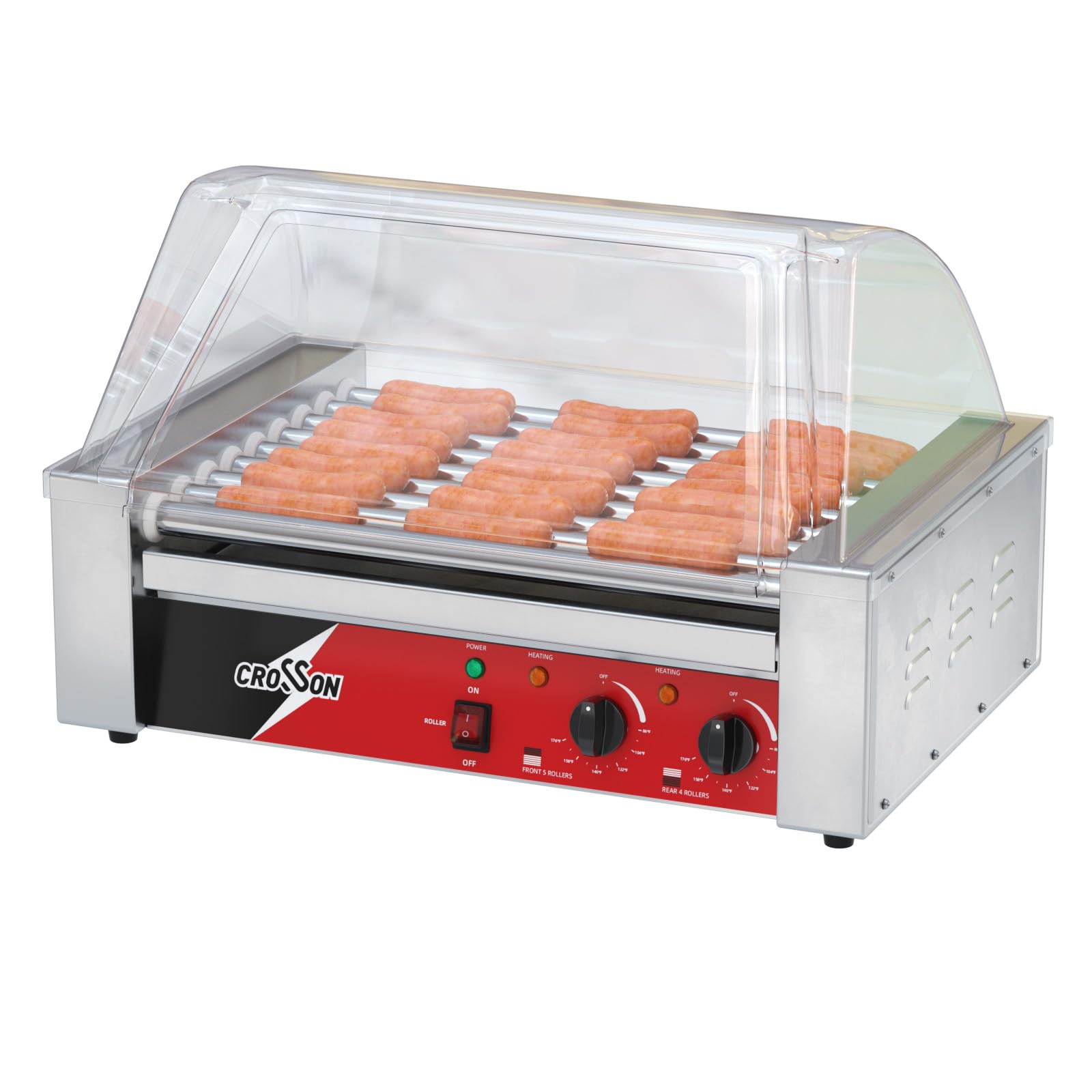 CROSSON Hot Dog 9 Roller Grill Cooker Machine with Transparent Sneeze Guard,9 Nonstick 304SS Rollers and Dual Temp Control,Commercial Hot Dog Cooker Machine-120V, 1350W