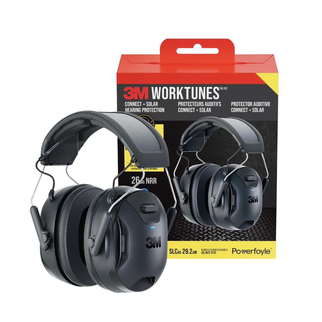 3M WorkTunes Connect + Solar Hearing Protector, Solar & Light Powered Headset with Self Charging Technology, NRR 26 dB, Wireless Ear Muffs With Bluetooth Technology & Integrated Microphone (90573-DC)