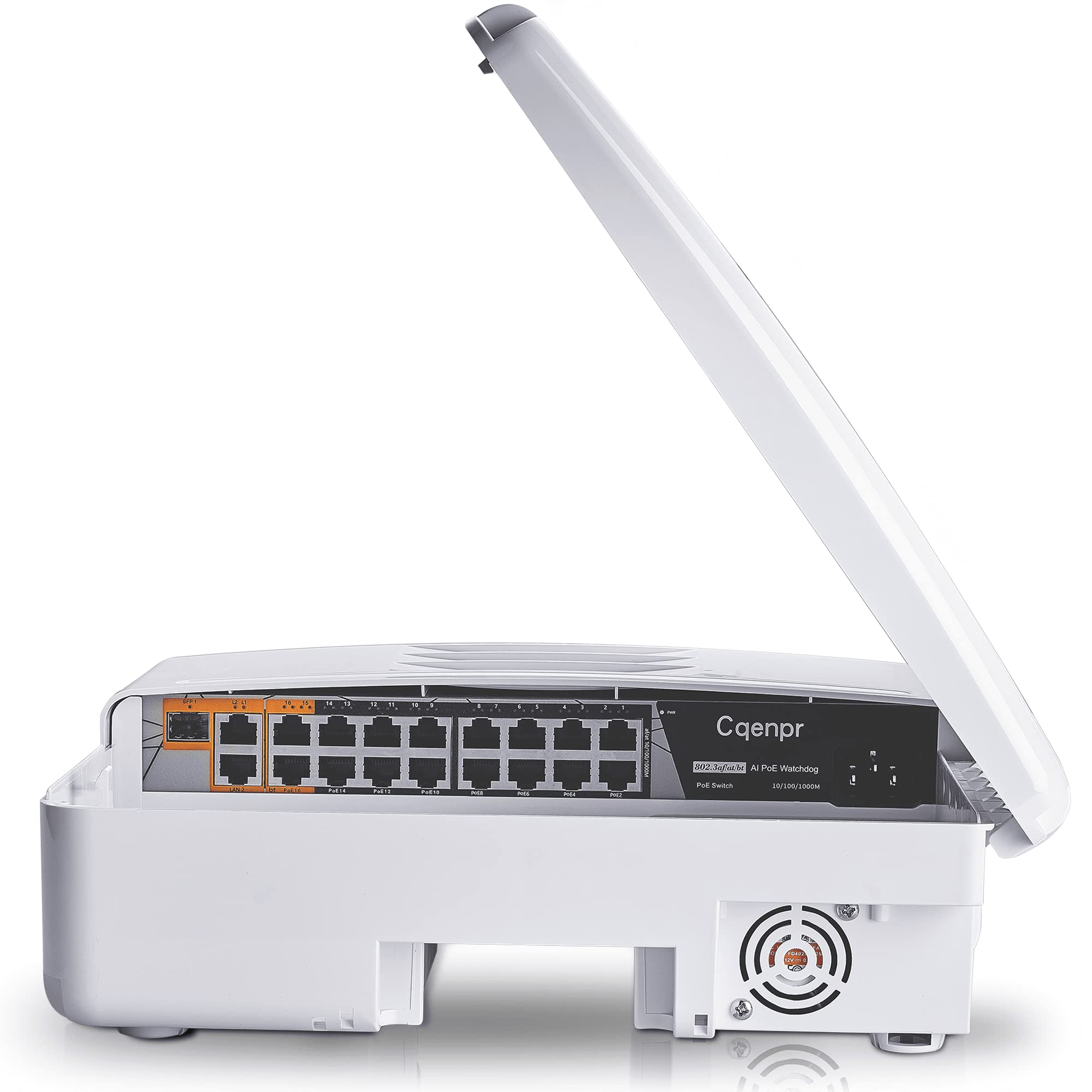 Cqenpr Outdoor 19 Port Poe Switch, IEEE802.3af/at/bt, All-in-One Box, Total 250W, High Power Output, Play & Plug, Fan Unmanaged, AI Watchdog. (19 Port All-in-one)