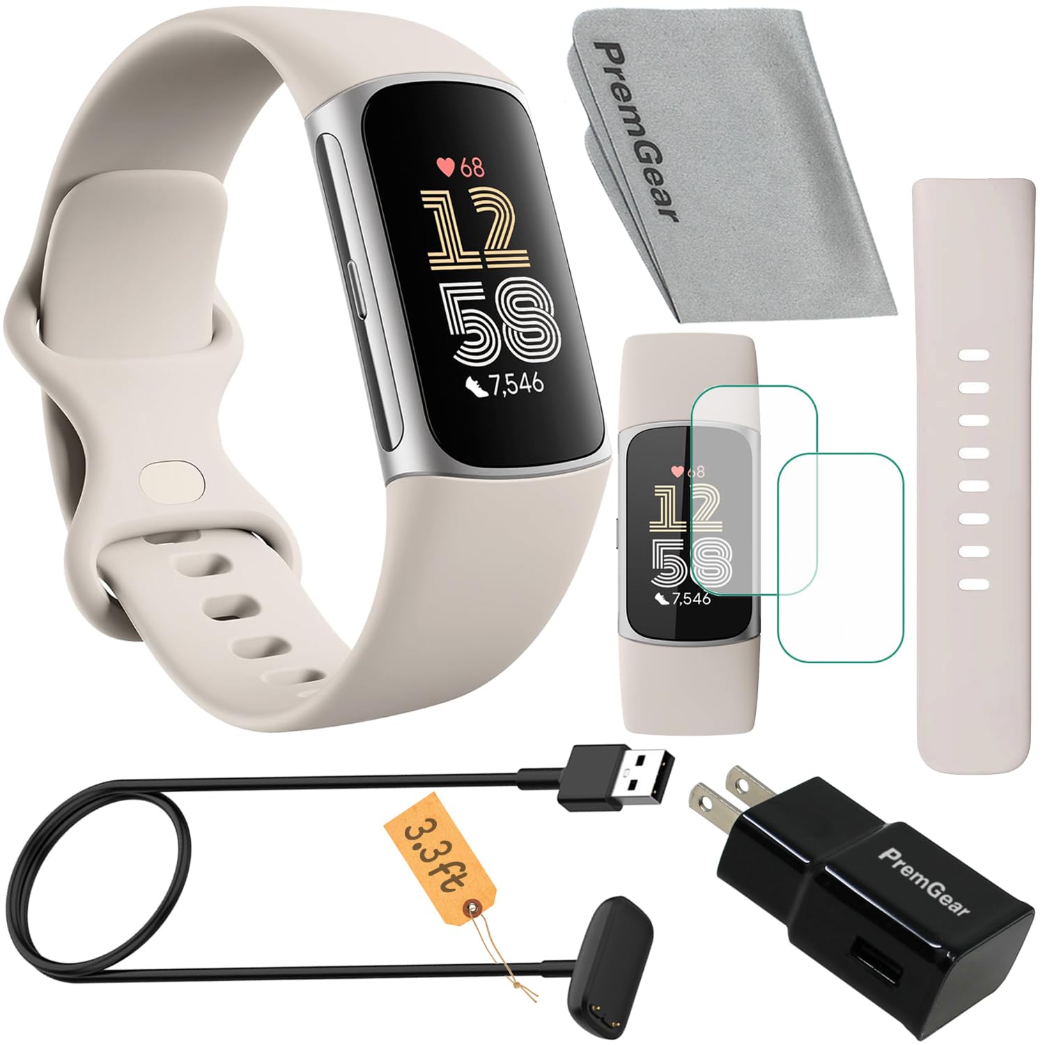Fitbit Charge 6 Fitness Tracker Watch (White) Bundle with 2 Watch Bands, 3.3foot Charge Cable, Wall Adapter, 2 Screen Shields & Cleaning Cloth