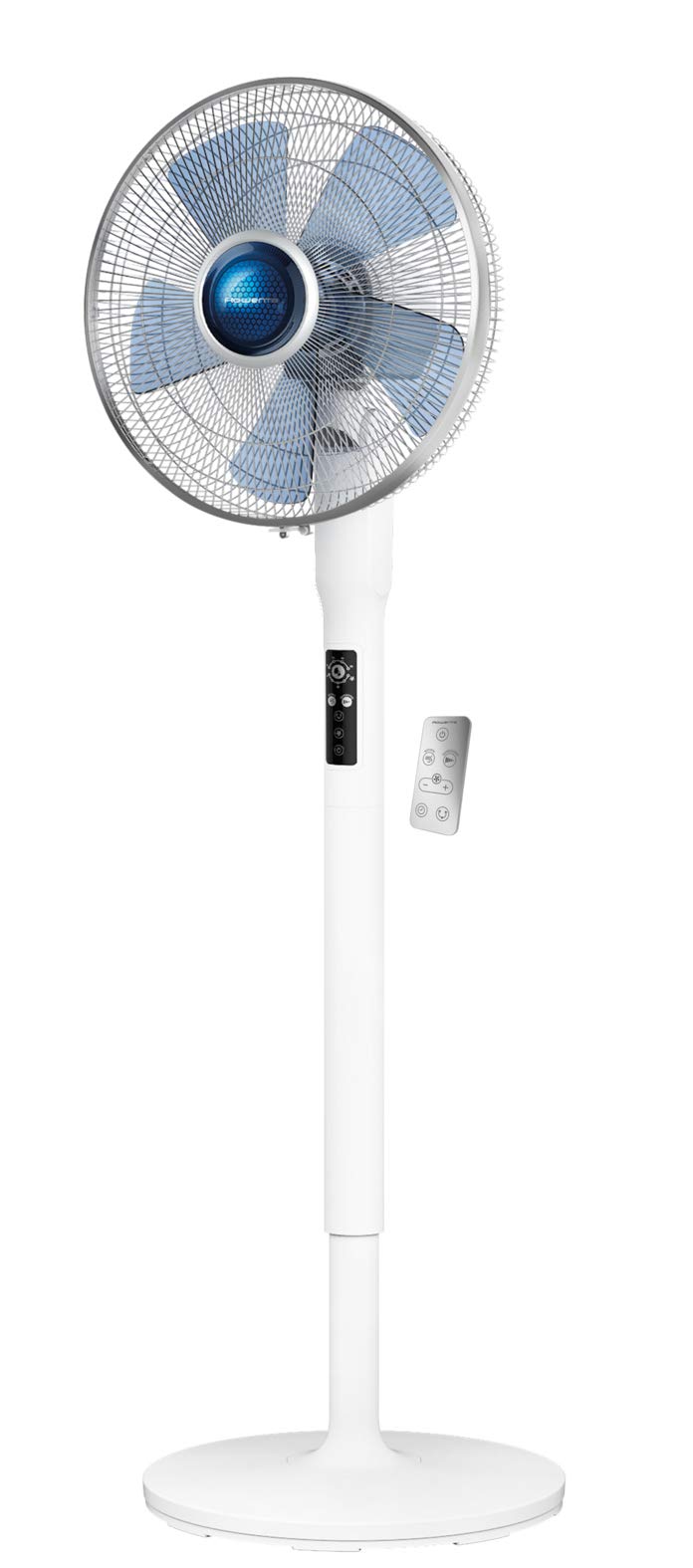 Rowenta, Pedestal Fan, Turbo Silence Standing Floor Fan with Remote, 53 Inches, Ultra Quiet Fan for Bedroom, Oscillating, Portable, 5 Speeds, Refresh Up to 23-Feet VU5870, White, Indoor, VU5870