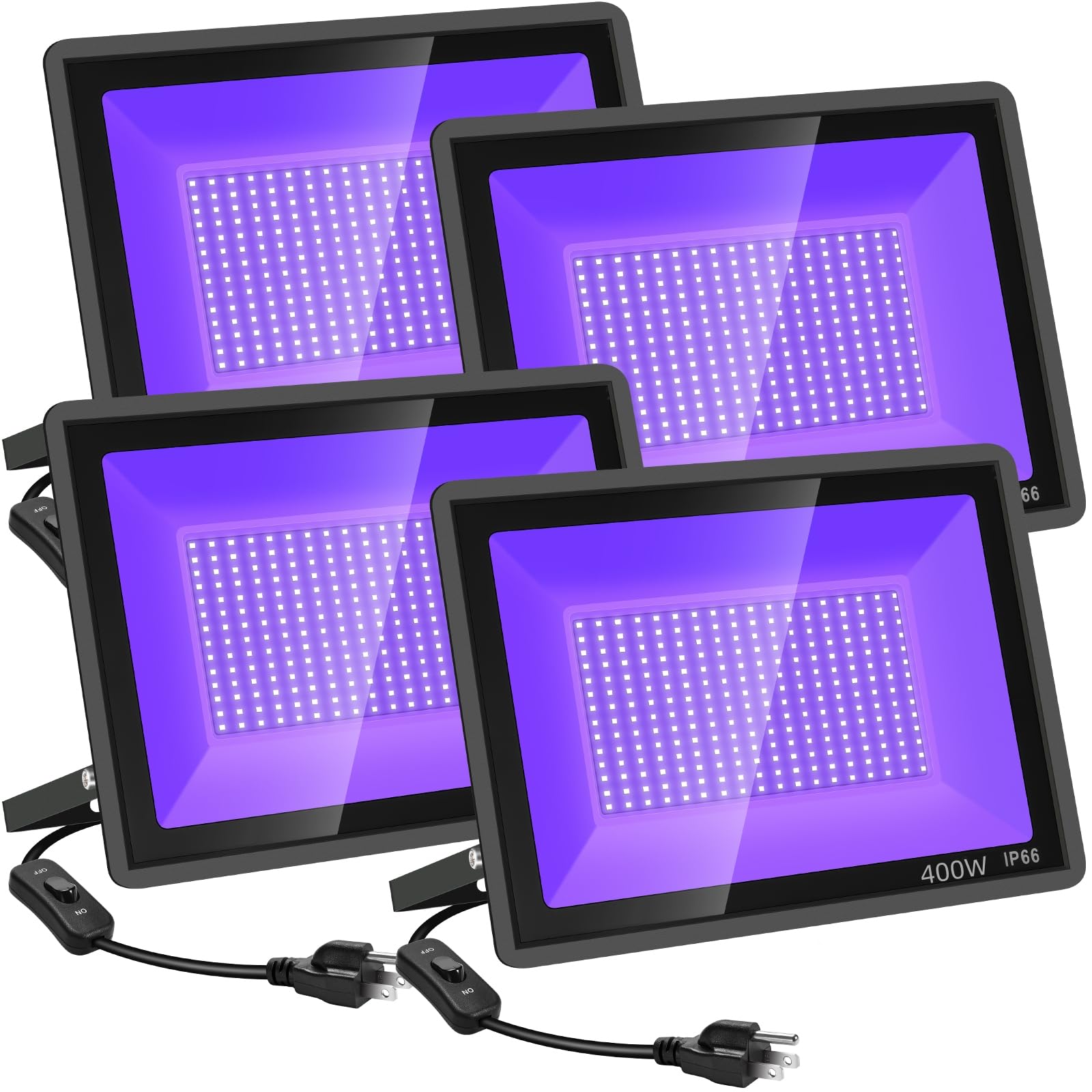 YANYCN 4 Pack 400W LED Black Light,Black Flood Light Outdoor with Plug and Switch, IP66 Waterproof 395nm to 405nm LED UV Blacklight Neon Glow for Glow Party, Halloween, Fluorescent Poster, Body Paint