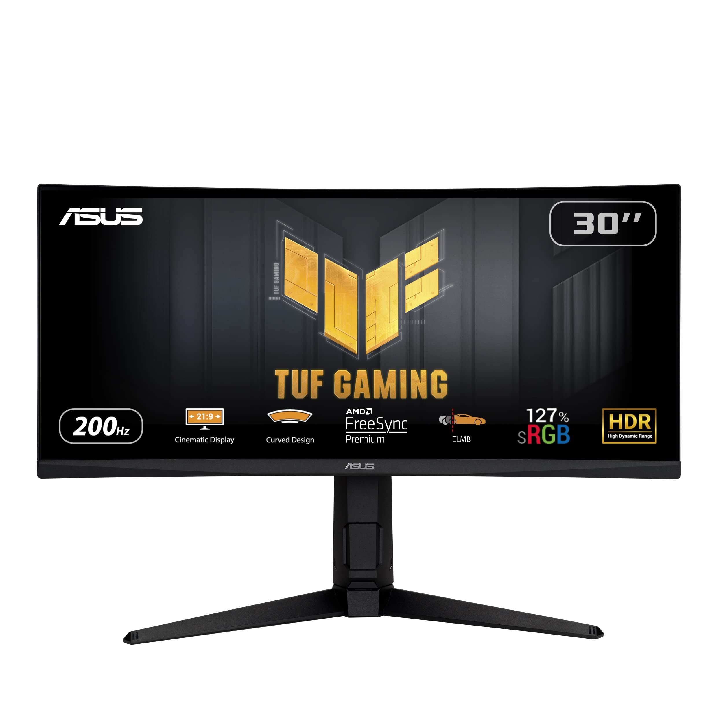 ASUS TUF Gaming 30” 21:9 1080P Ultrawide Curved HDR Monitor (VG30VQL1A) - WFHD (2560 x 1080), 200Hz (Supports 144Hz), 1ms, Extreme Low Motion Blur, FreeSync Premium, Eye Care, DisplayPort, HDMI,Black