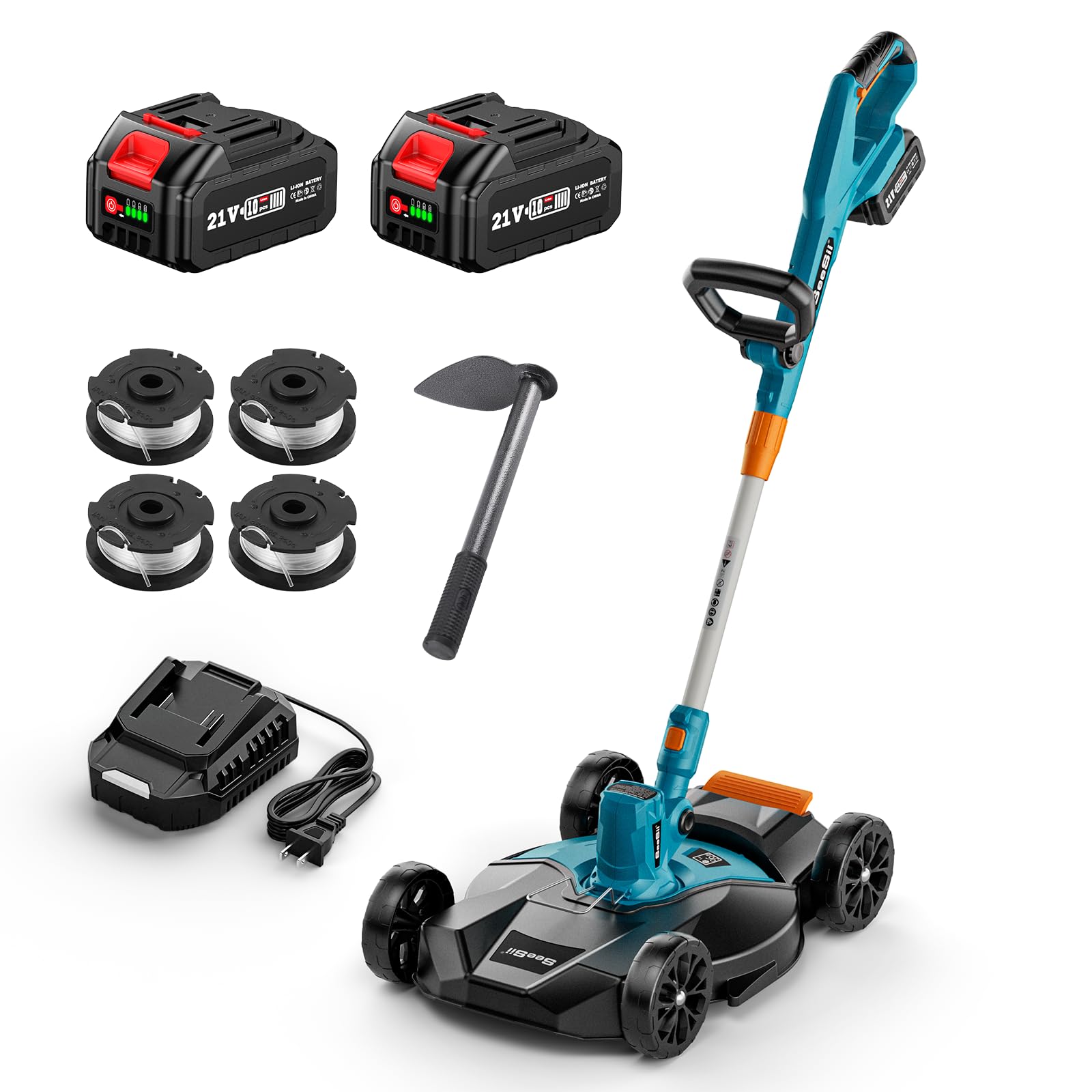 Seesii String Trimmer : 12’’ Cordless Weed Wacker & Edger with 2 * 4.0Ah Batteries - Electric Lawn Mower with 1.3’’/2.1’’ Adjustable Deck - 3-in-1 Battery Lawn Mower for Garden/Yard
