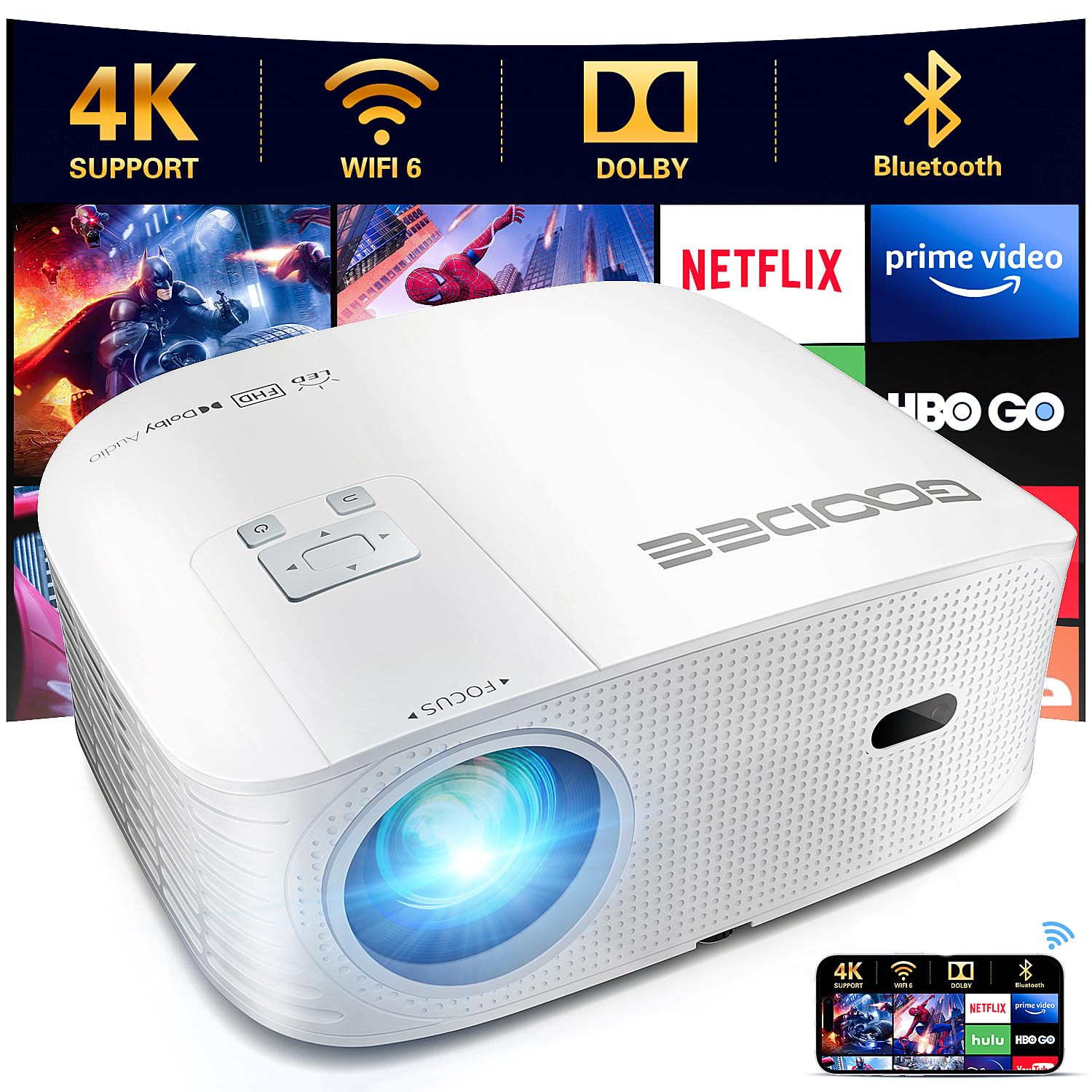 GooDee Smart 4K 1080P Projector - Video Projector with WiFi and Bluetooth, Movie Outdoor Projector for Home Theater Dolby Audio Zoom Portable Projector TV Stick, Netflix/Amazn Prime Video Certified
