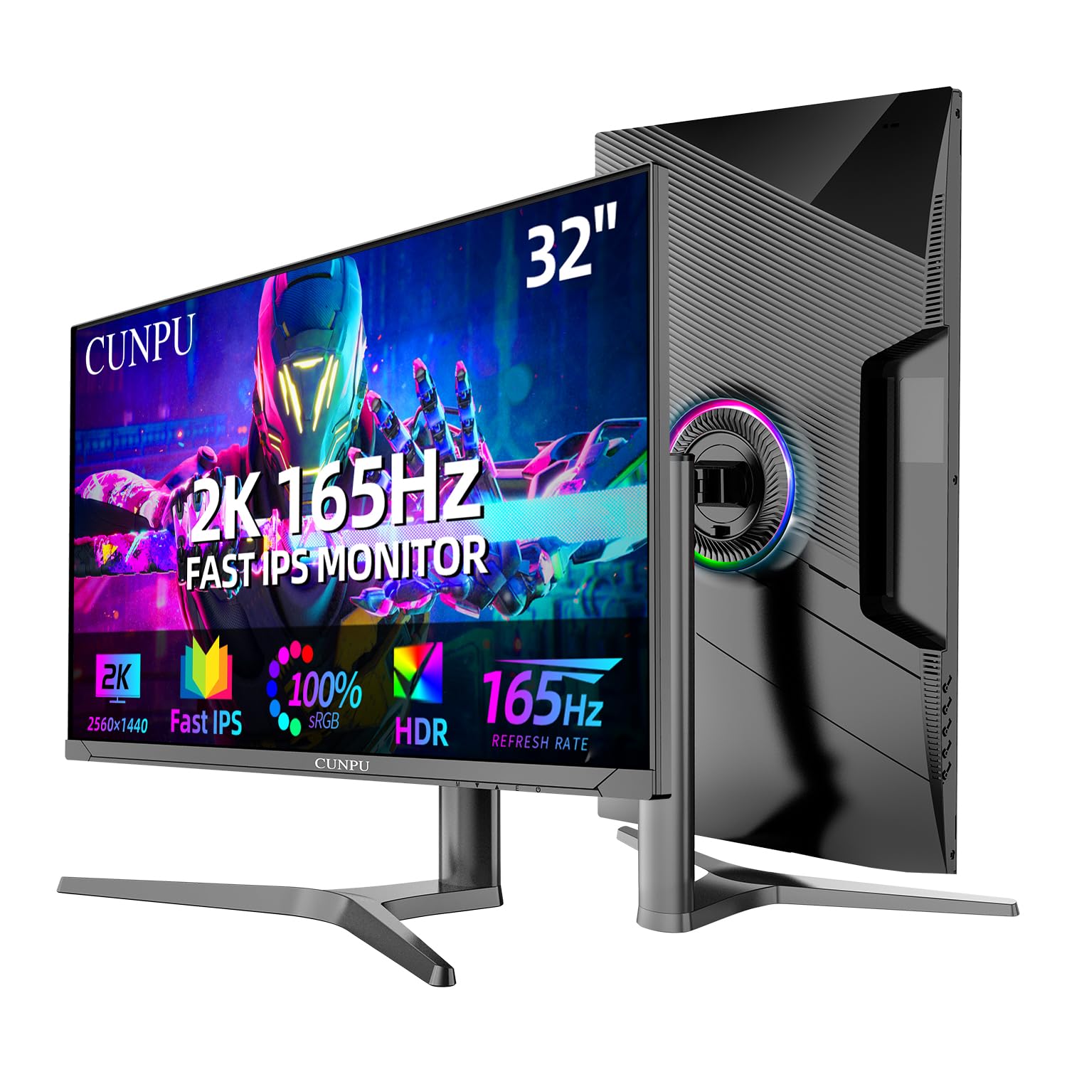 CUNPU 32 Inch Gaming Monitor QHD (2560 x 1440) 2K IPS Panel, 165Hz, 1ms GTG, sRGB 100%,Freesync, HDR10, VESA Mountable,Displayport, HDMI, Height/Tilt/Swivel/Pivot Adjustment, PC Monitor for Gamers