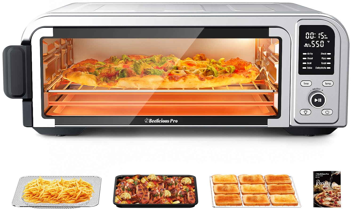 Beelicous Pro 19QT Digital 8-in-1 Air Fryer Toaster Oven, 550°F Flavor-Lock Tech, Flip Up & Away Capability, 40+ Recipes, Airfryer Countertop Oven Combo, 4 Accessories, Fit 13" Pizza, Stainless Steel