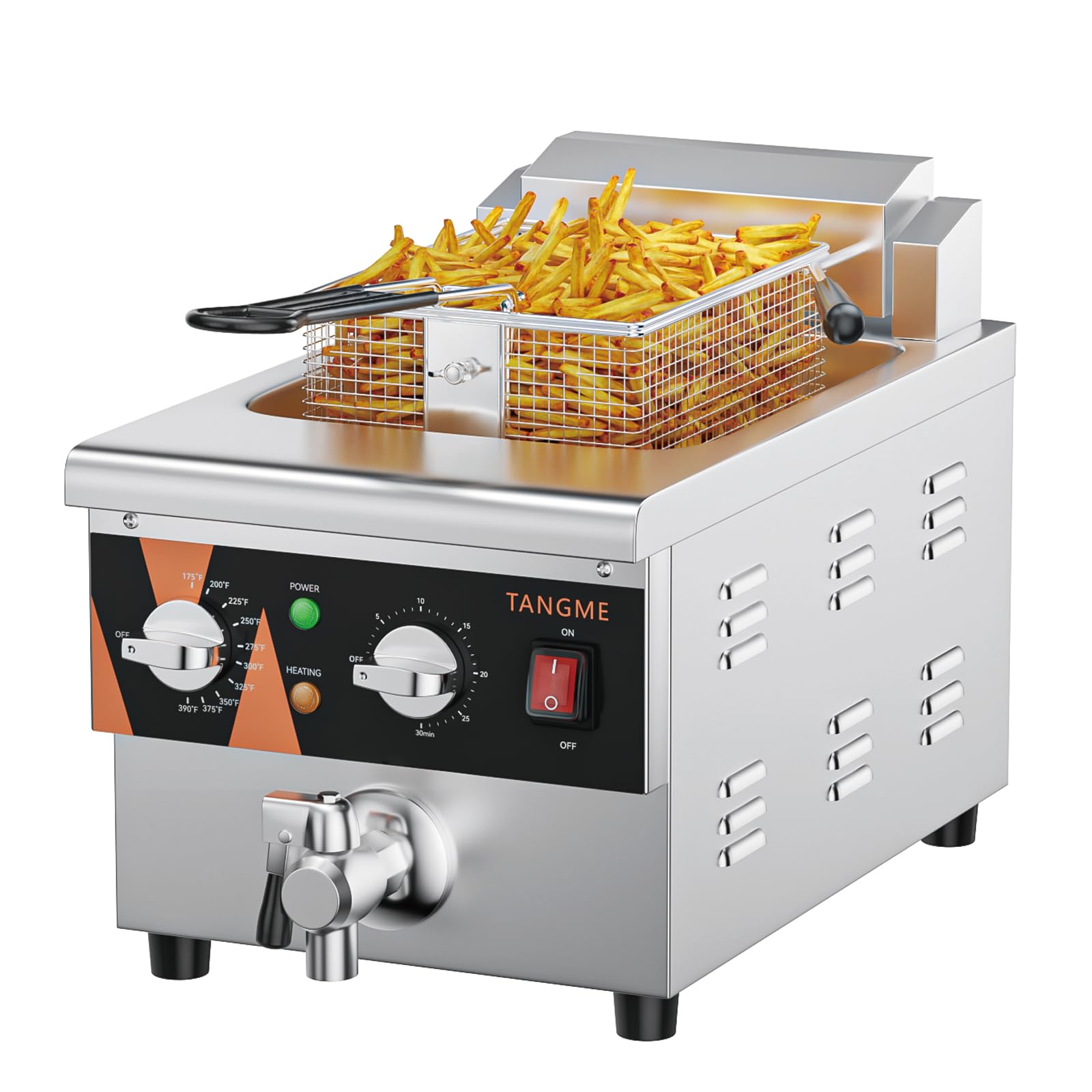 TANGME Commercial Deep Fryer with Drain Valve, 12.7Qt Electric Countertop Fryer 1800W Stainless Steel Oil Fryer with Temp & Time Control for Restaurant, UL Certified