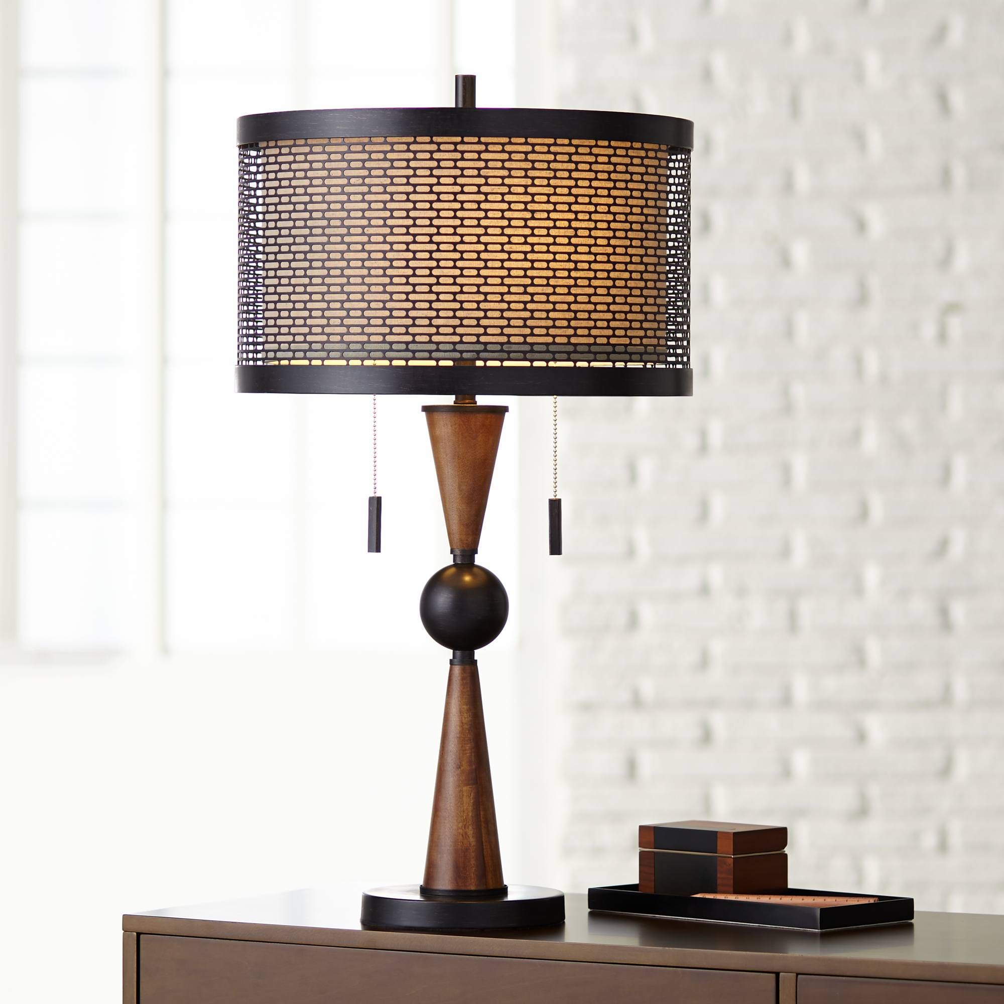 Franklin Iron Works Hunter Rustic Farmhouse Table Lamp 29 3/4" Tall Cherry Wood Bronze Metal Outer Tan Fabric Inner Drum Shade for Bedroom Living Room House Home Bedside Nightstand Office Family