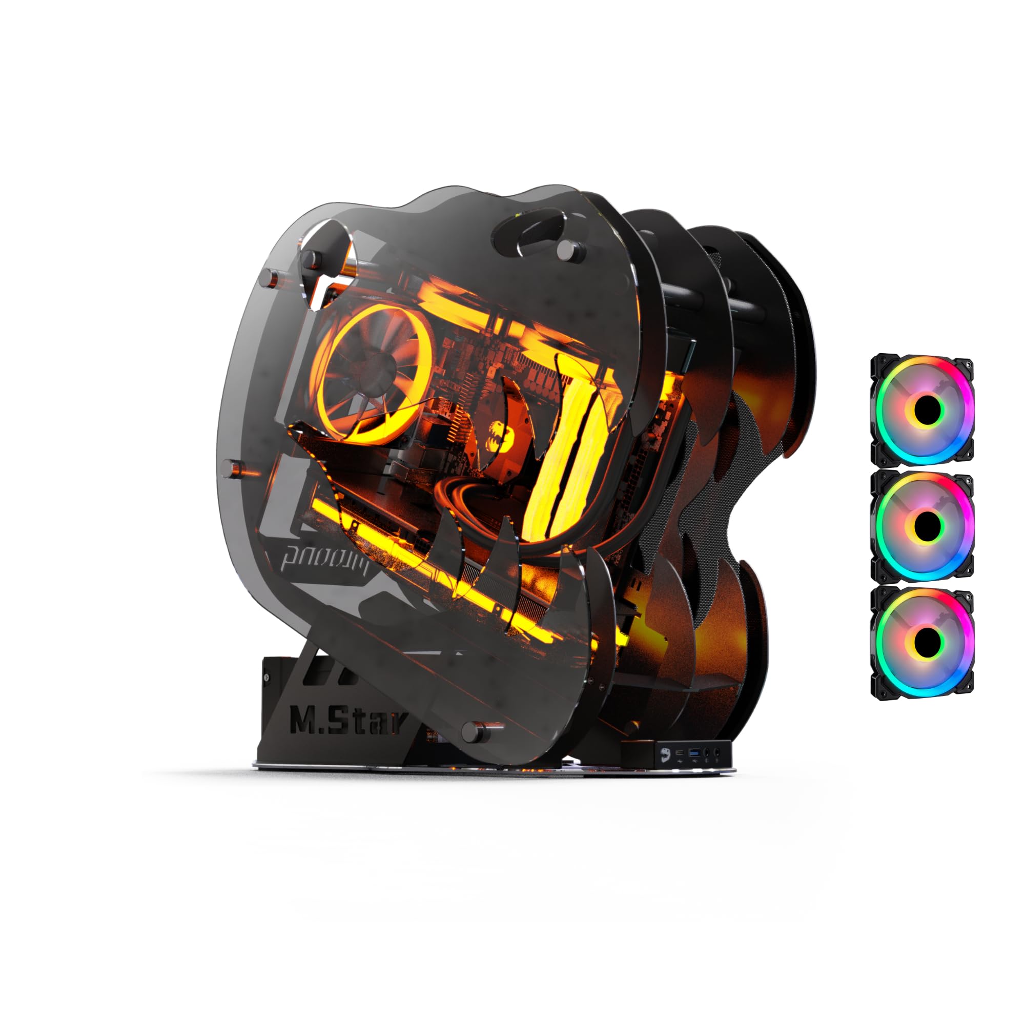 MegaPC Dinosaur M.Star Open-Frame Mid-Tower Micro-ATX/Mini-ITX Gaming PC Case - Tempered Glass Panels, High Airflow, ARGB Fans, USB-C Port, Tool-Free Design (Black, with Fans Only)